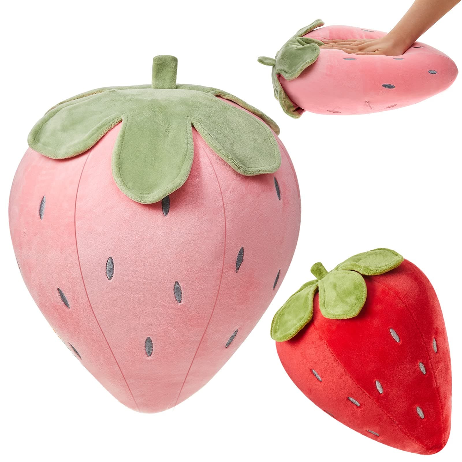 Juexica 2 Pcs Strawberry Pillow 15.7 Inch 9.8 Inch, Fruit Plush Pillow, Soft Kawaii Strawberry Bedroom Decor, Birthday Gifts for Women, Aesthetic Cute Berry Decor(Red，Pink)