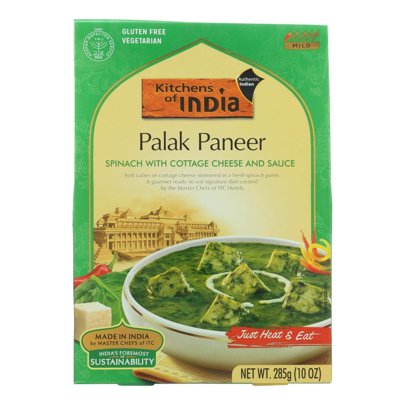 Kitchen Of India Dinner - Spinach with Cottage Cheese and Sauce - Palak Paneer - 10 oz - case of 6 -