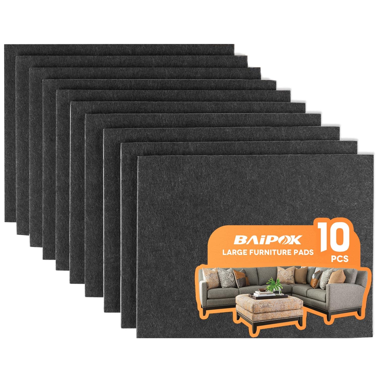 Felt Furniture Pads 10pcs 8" x 6" Adhesive Large Felt Pads, Cuttable Chair Leg Pads, Hardwood Floor Protectors for Furniture, Black