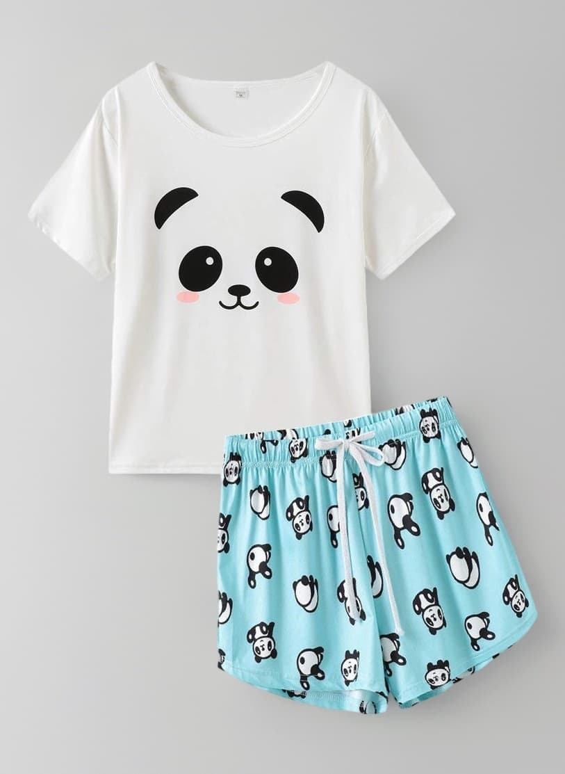 MyFav Women Pyjama Set Cute Panda Pattern Short Sleeve Striped Shorts Sleepwear