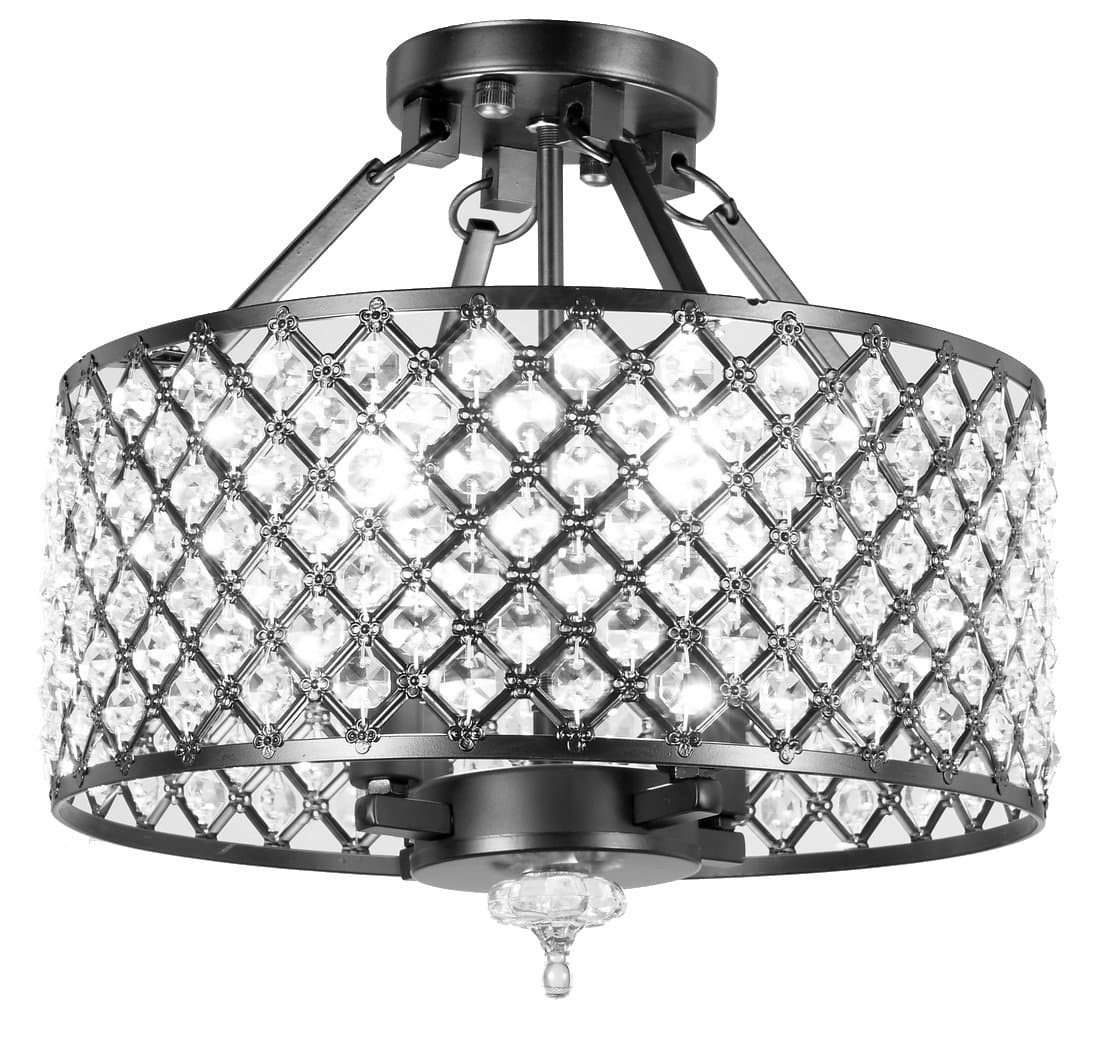 New Legend Lighting Antique Black Finish Round Shade Crystal Semi-Flush Mount Chandelier 4-Light Ceiling Fixture