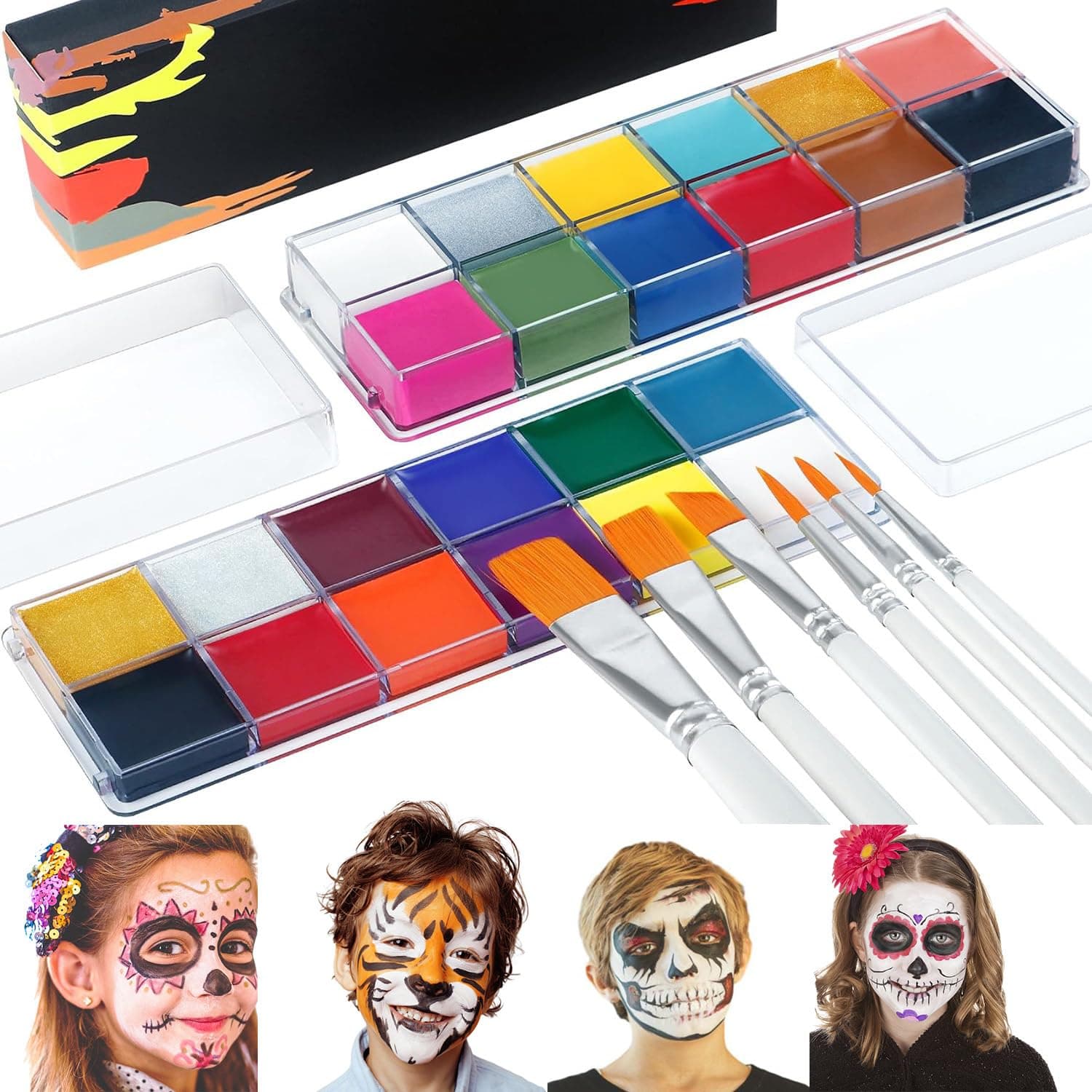 Halloween Face Paint Kit, 24 Colors Halloween Face Body Paint Oil with 6 Brushes for Halloween Costume Party, Upgraded and Normal Makeup Palette