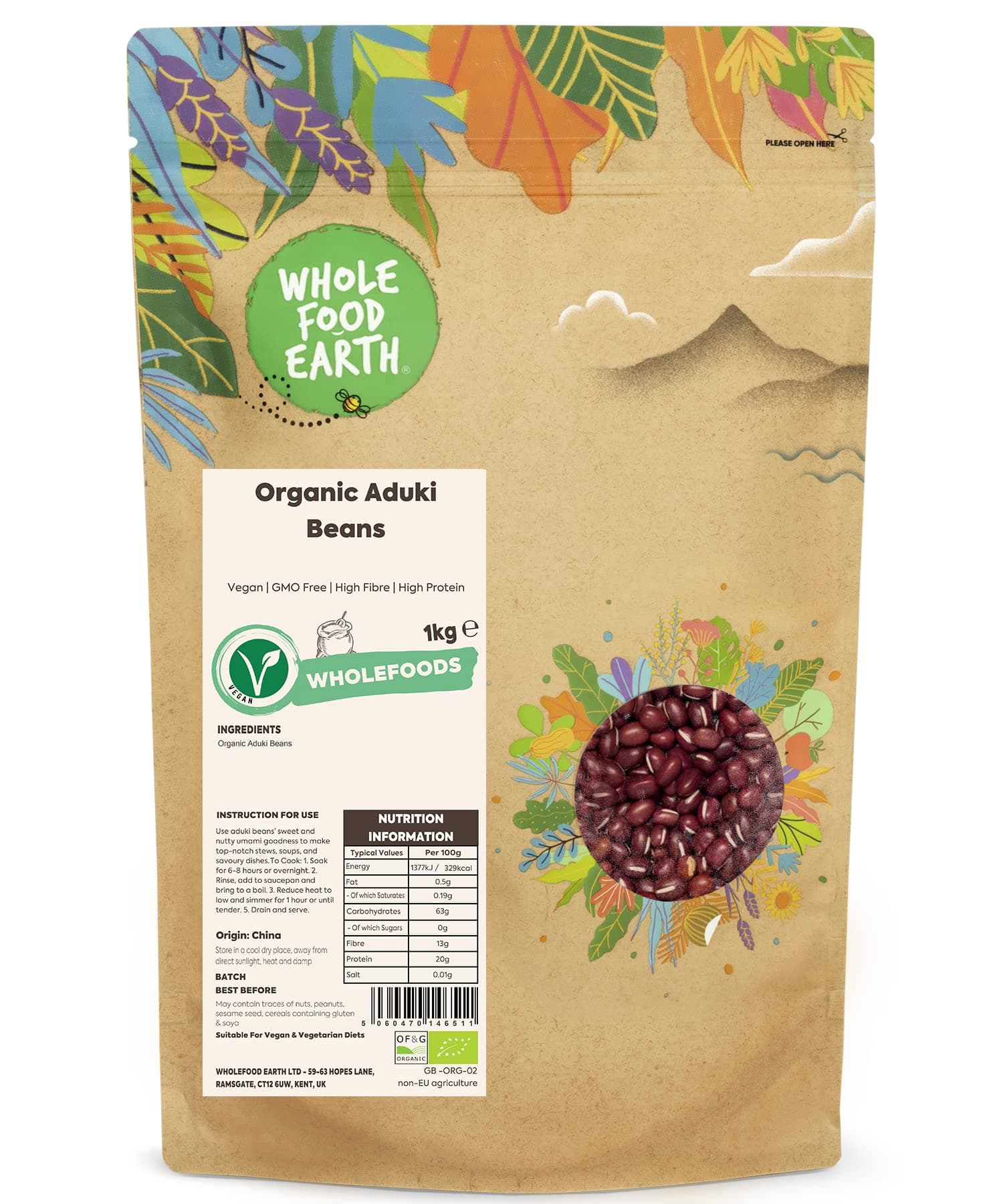 Wholefood Earth Organic Aduki Beans 1kg Vegan | GMO Free | High Fibre | High Protein | Certified Organic