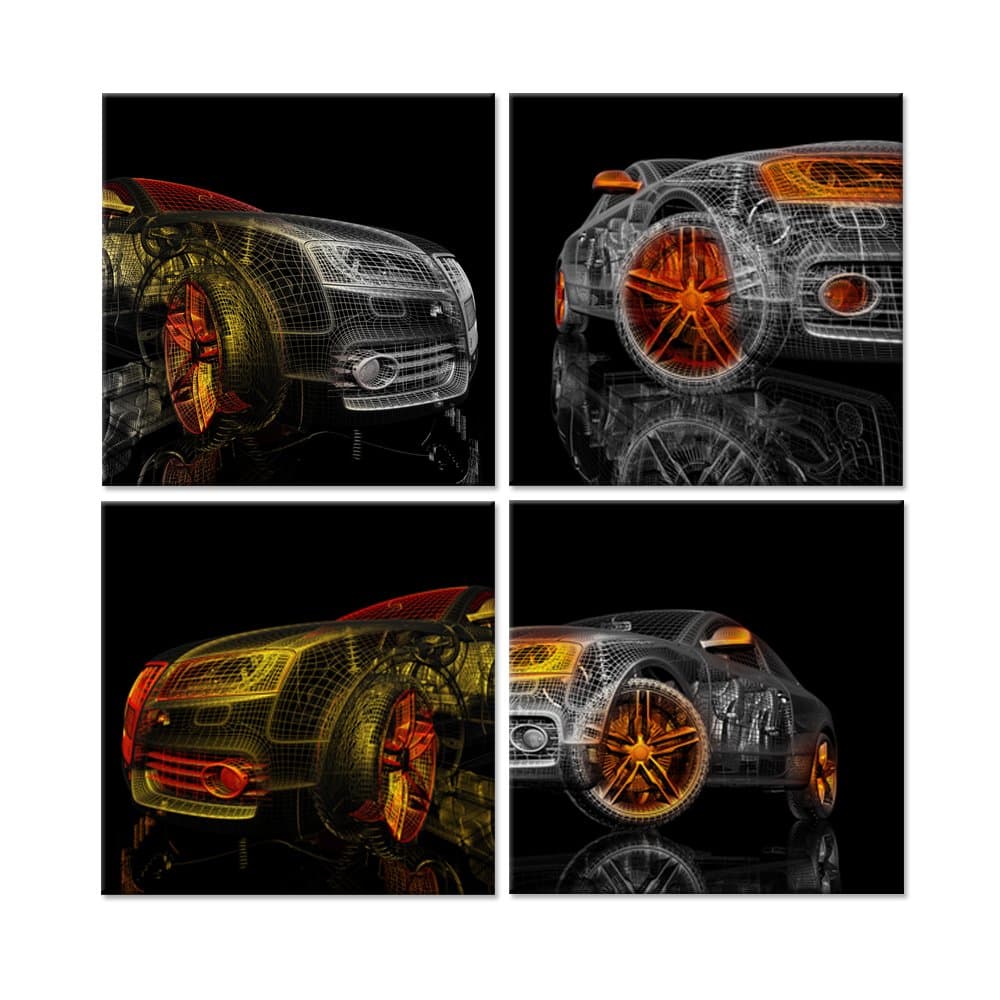 iHAPPYWALL Abstract Car Canvas Wall Art Colorful Cars 3D Model Design On Black Background Picture Painting for Home Bedroom Office Decor Ready to Hang 12''x12''x4pcs