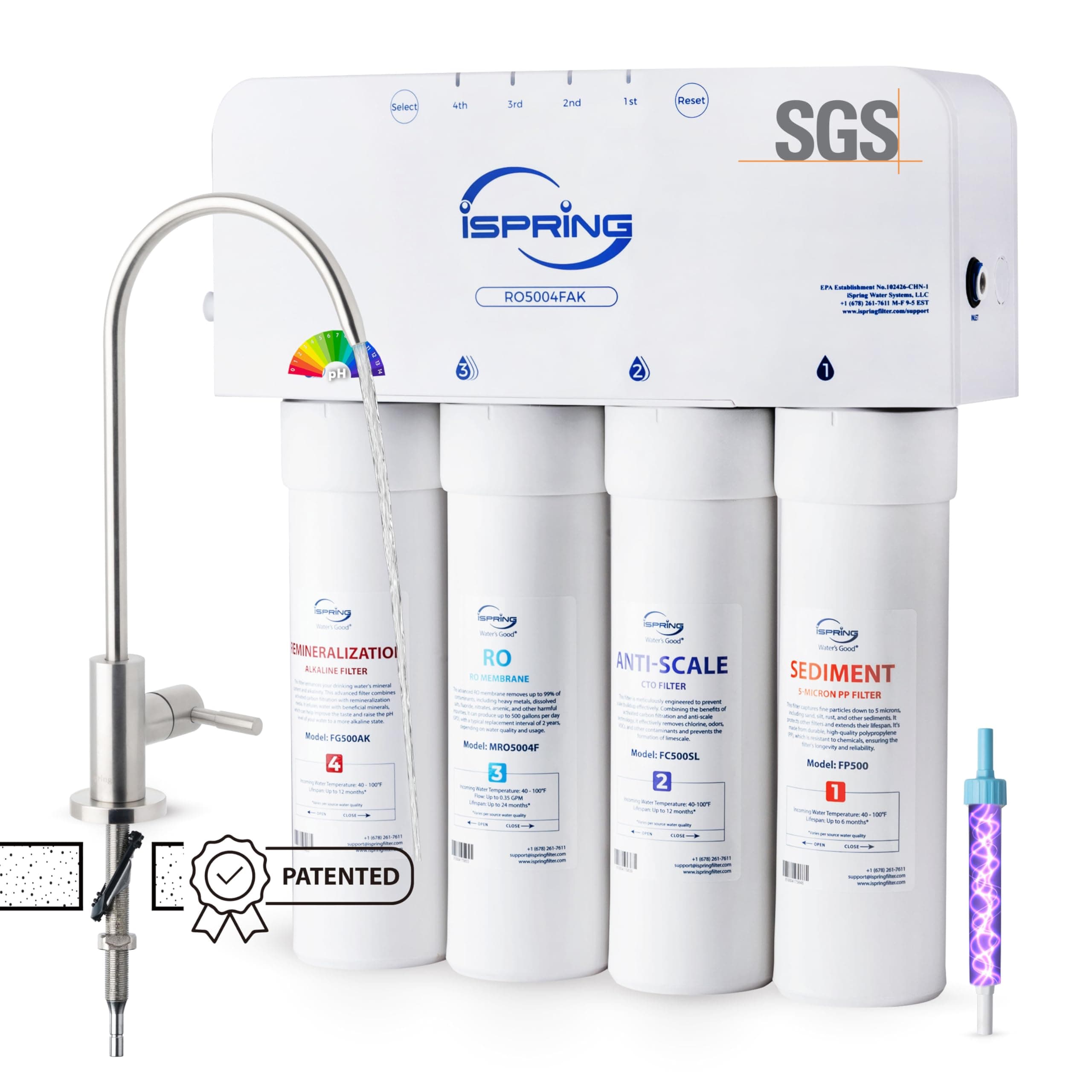 iSpring RO5004F-AK Alkaline Reverse Osmosis Water Filter with UV, SGS Tested PFAS and TDS Reduction, 500 GPD, pH+, 2:1 Pure to Drain Tankless Remineralization RO System Under Sink, Filter Life Monitor