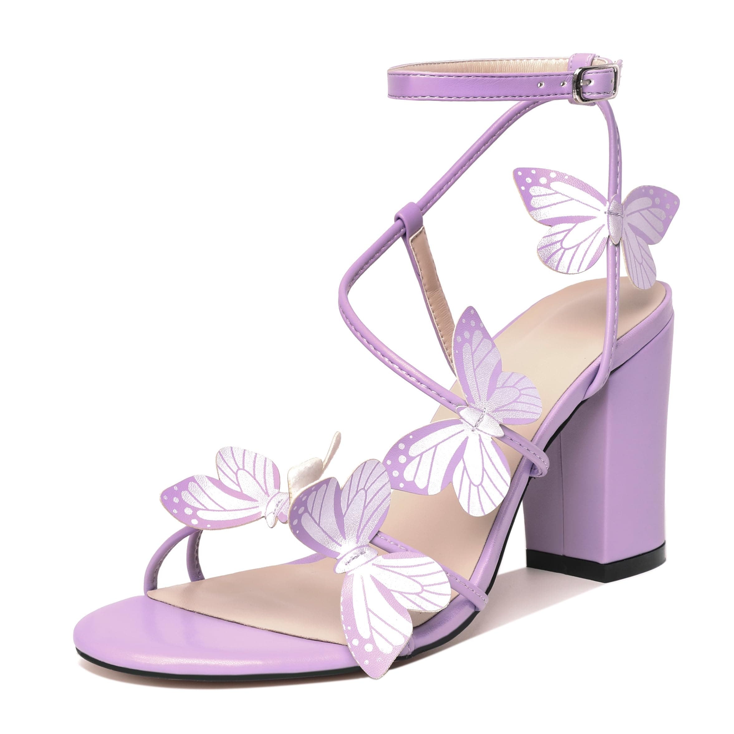 Esvowido Women's Chunky Heeled Sandals, Strappy Open Toe Butterfly Heels, Ankle Strap Block High Heel Sandals 3.5 Inches