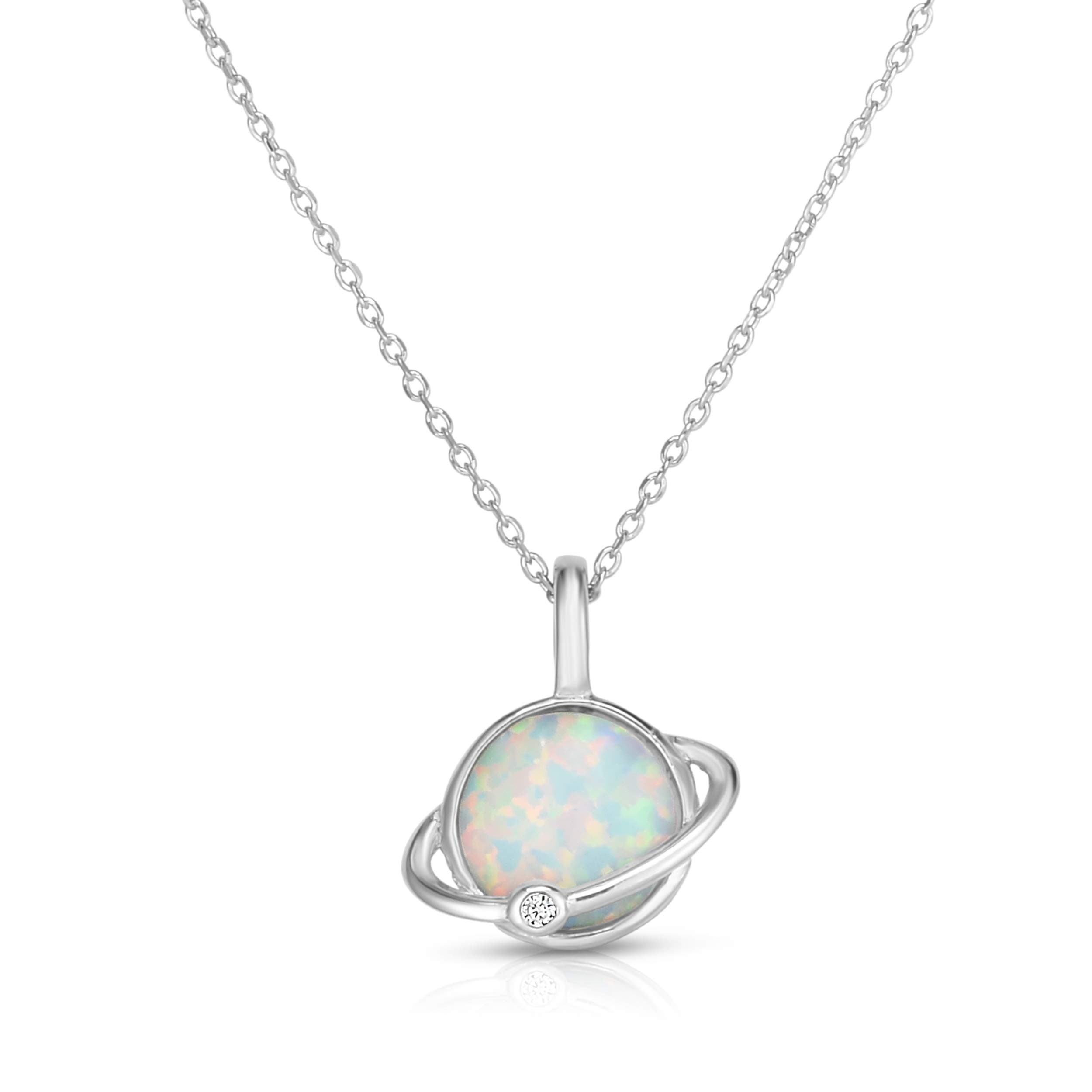 925 Sterling Silver and Cubic Zirconia Created Opal Designer Planet Globe Pendant and Necklace Adjustable to Length of 16",17" or 18" Inch.