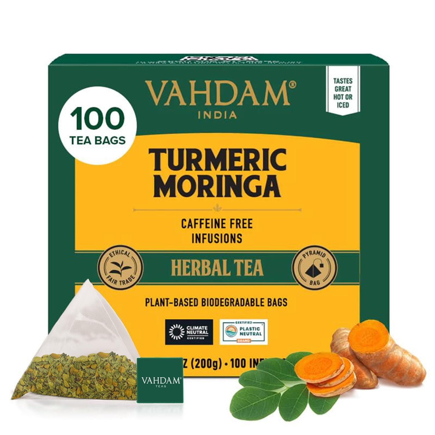 VAHDAM, Turmeric Moringa Herbal Tea Bags (100 Count) Caffeine Free, Non GMO, Gluten Free | 100% Halal Certified | 100% Pure Herbal Blend | Whole Loose-Leaf Tea Bags | Resealable Ziplock Pouch