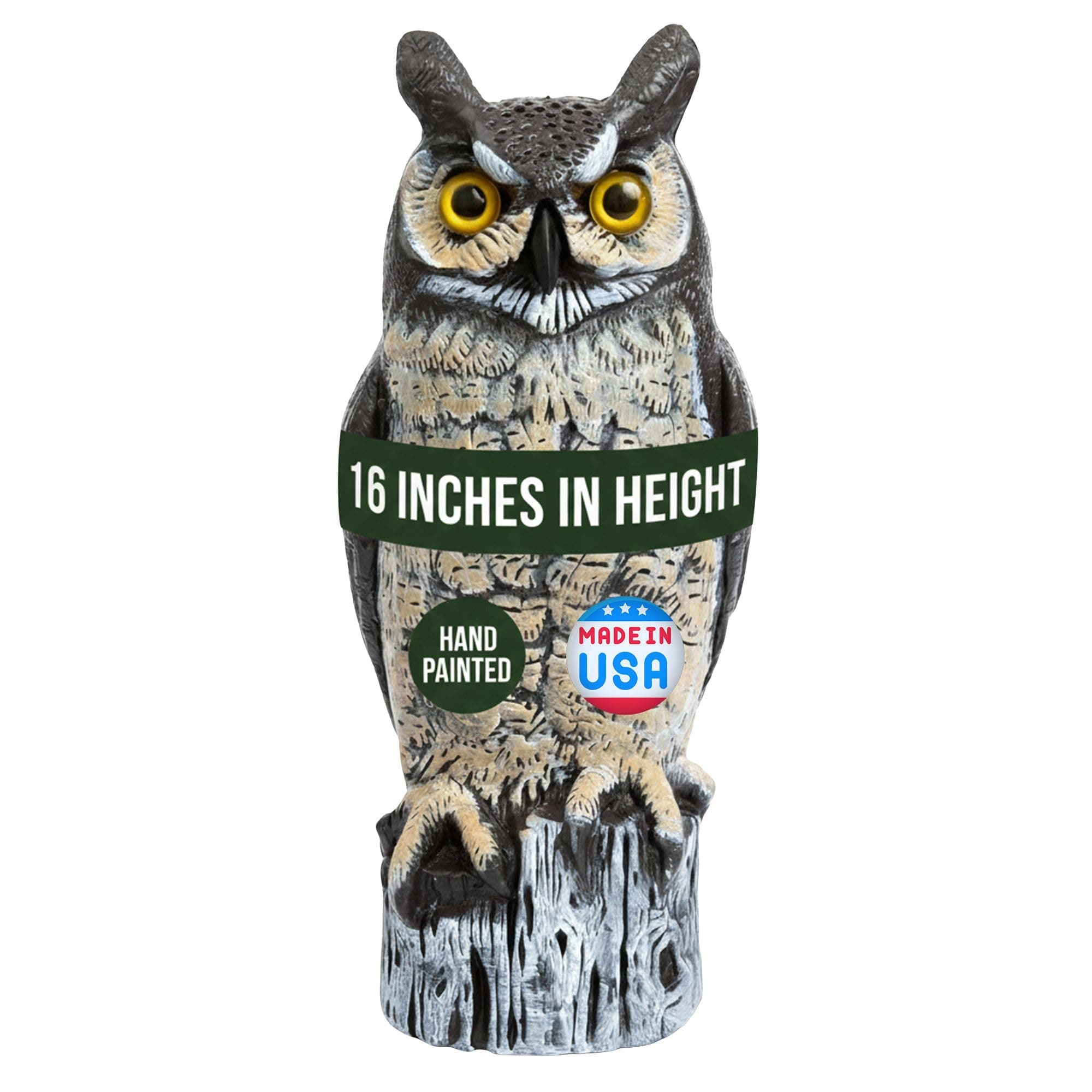Fake Owl Decoy to Scare Birds Away from Gardens, Rooftops, and Patios - Scarecrow Provides Natural Pest Control - Safe and Humane, 16" Two Color Great Horned Owl