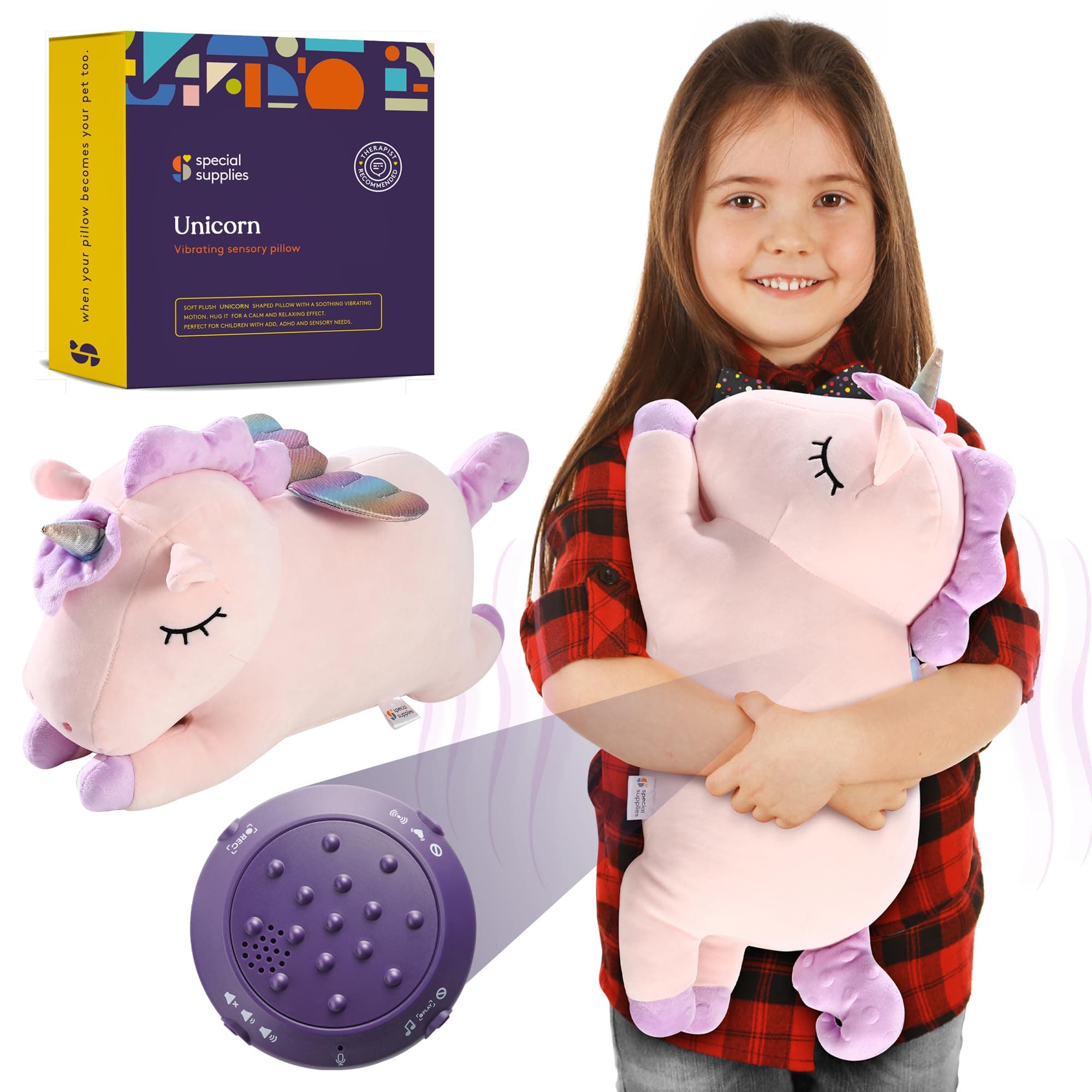 Special Supplies Vibrating Pillow Sensory Pressure Activated Calm for Kids and Adults, Plush Soft Cover -Textured Therapy Stimulation Bumps 3 Vibration Modes, Music & Voice Recording - Unicorn Pillow