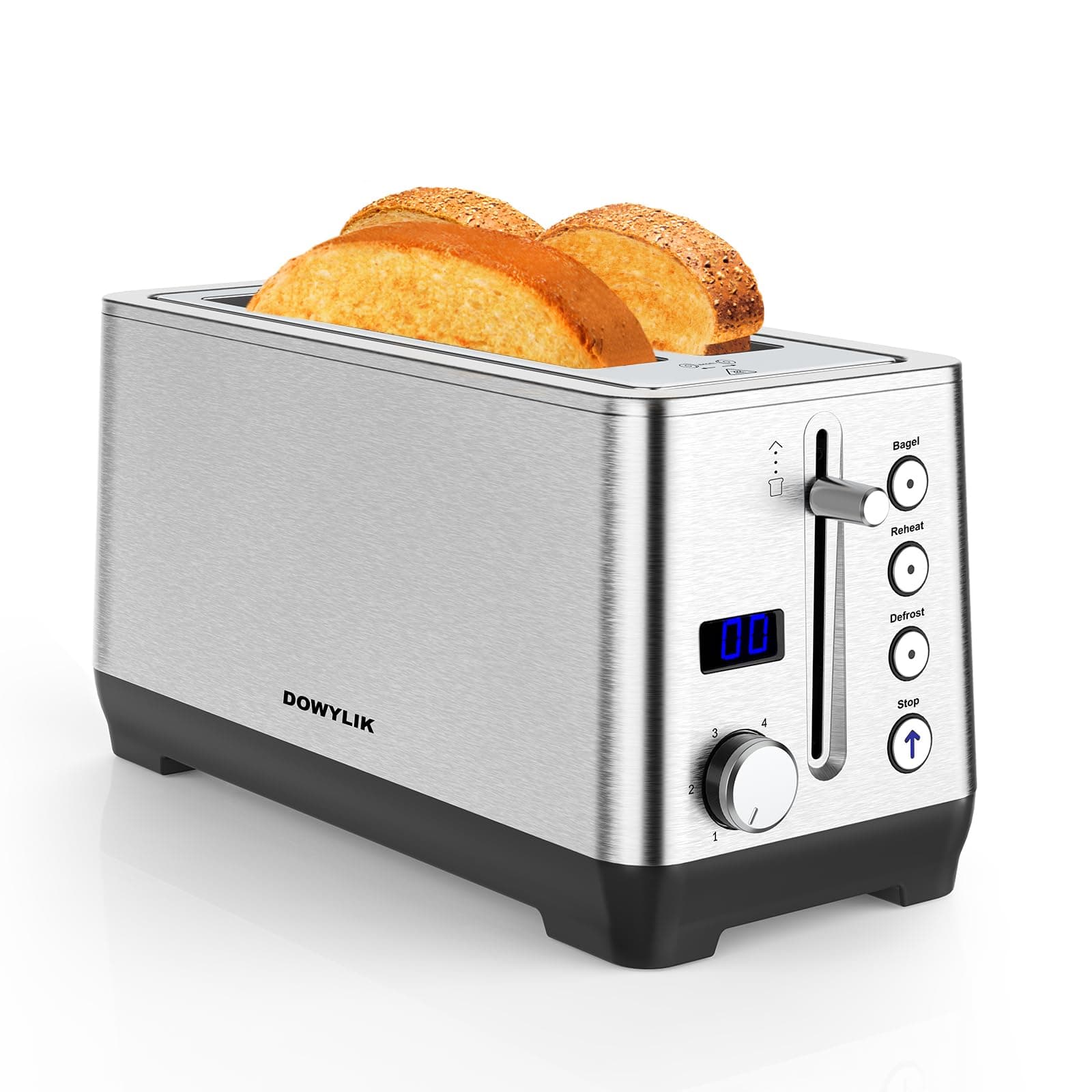 Toaster 4 Slice, Extra-Wide Long Slot 4 Slice Toaster with Countdown Timer, Bagel/Reheat/Defrost/Cancel Functions, 6 Browning Setting, 1500W Brushed Stainless Steel