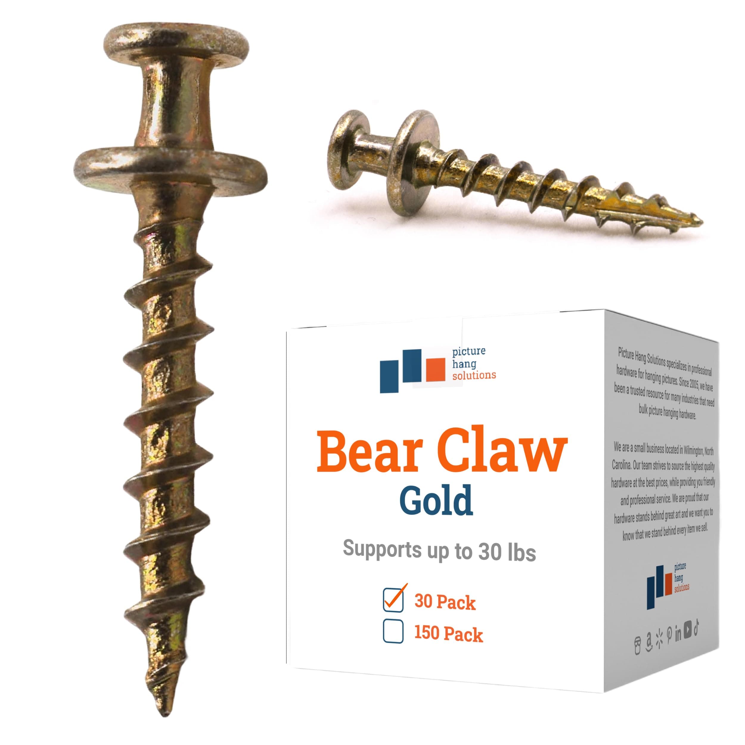 Bear Claw Screw Hanger Gold - 30lb Hooks - 4-in-1 Hanging Screws for D-Rings, Sawtooth, Wire and Keyholes - Mounts in Drywall and Wood Studs 30 Pack