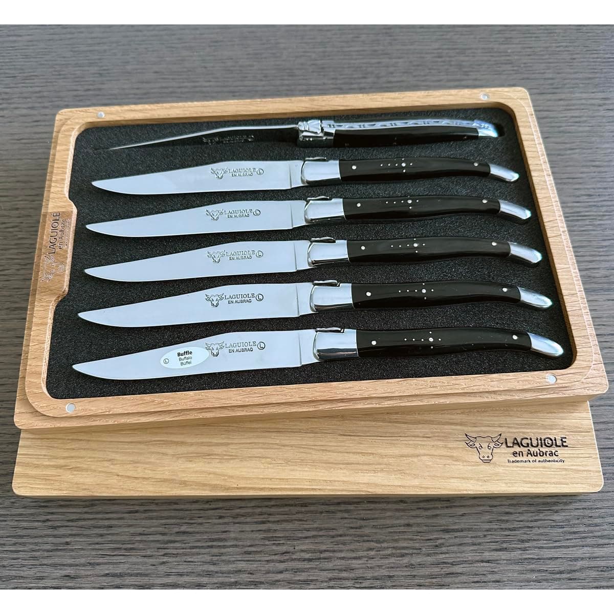 Laguiole en Aubrac Luxury Fully Forged Full Tang Stainless Steel Steak Knives 6-Piece Set with Buffalo Horn Handle, Stainless Steel Polished Bolsters, Made In France
