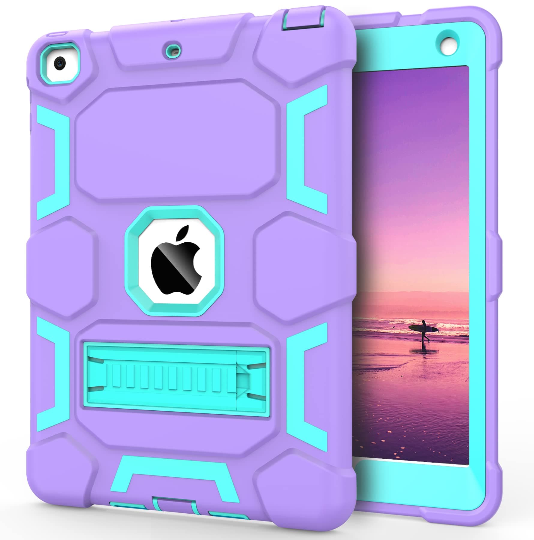 CCMAO Compatible with iPad 6th Generation Cases, iPad 5th Generation Case, iPad 9.7 Case, iPad Air 2 Case, Hybrid Shockproof Rugged Drop Protection Case with Kickstand for Kids Girls, Purple+Green