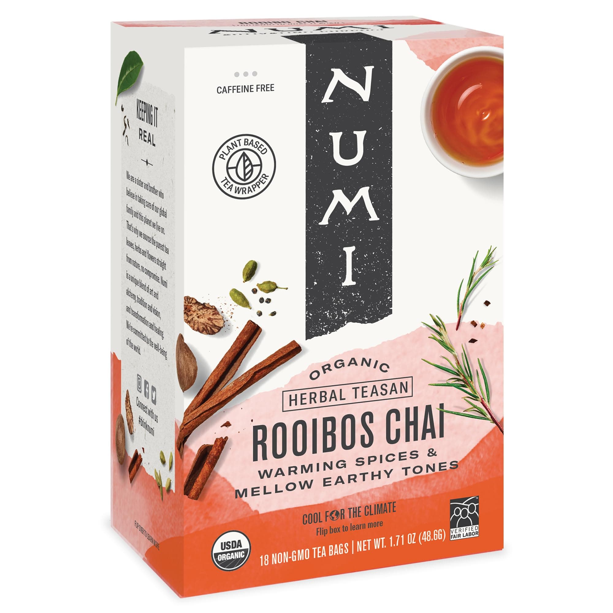 Organic Rooibos Chai Tea, 18 Tea Bags, Red Tea with Cinnamon, Allspice & Ginger, Caffeine Free (Packaging May Vary)