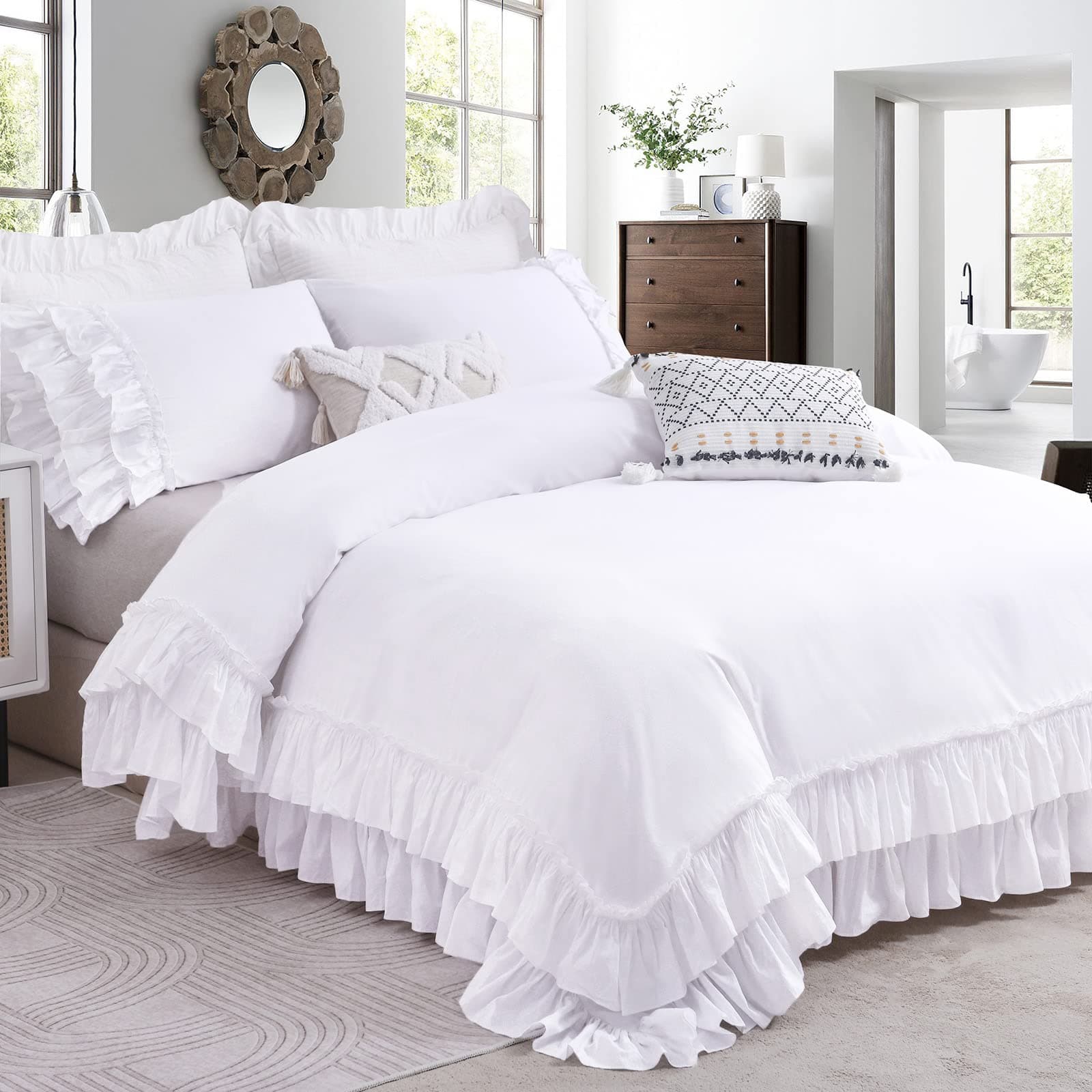 QSH Ruffle White Duvet Cover King Size-Washed Cotton Shabby Farmhouse Chic Ruffled Bedding 3pcs(1 Soft Linen Feel Cotton Duvet Cover +2 Ruffle Pillowshams) Aesthetic French Country King Bedding