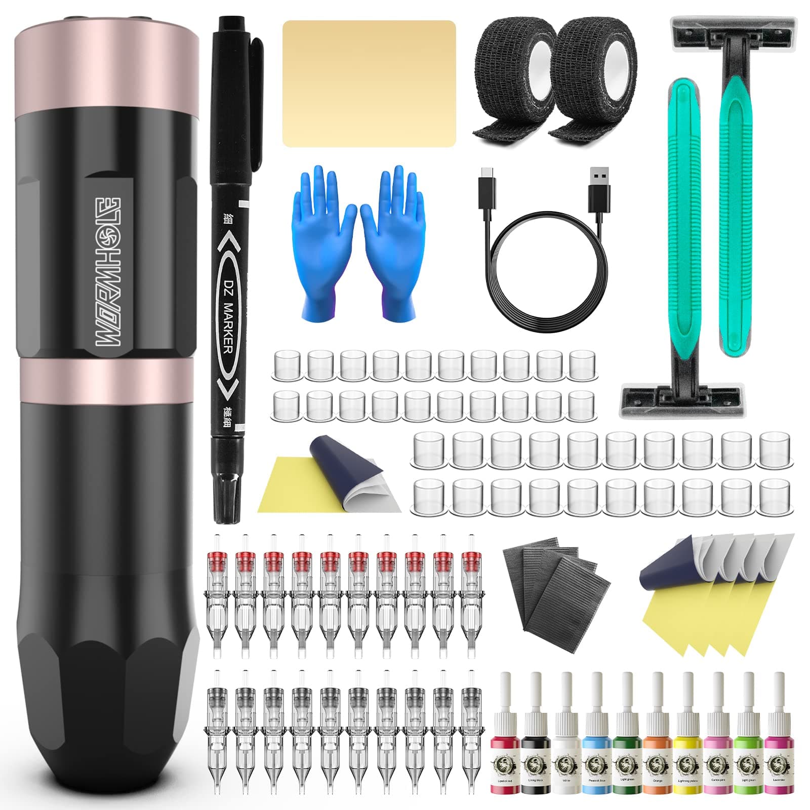 Wormhole Tattoo Kit Wireless Tattoo Machine Kit Wireless Tattoo Gun LED Display 2100 mAh Capacity Tattoo Power Supply Tattoo Pen Kit (Black)