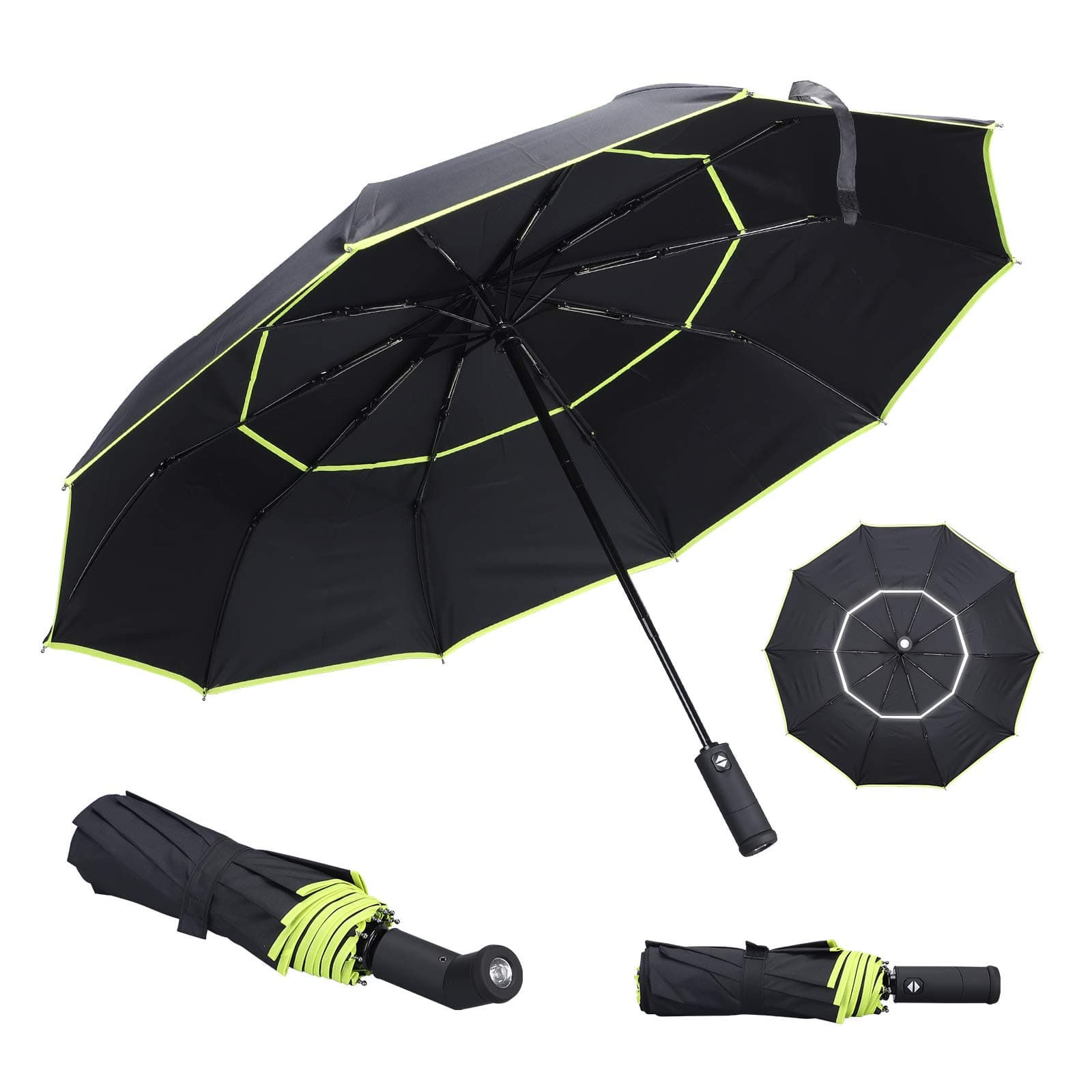 Automatic Open Close Umbrella LED Flashlight Handle Umbrella Safe Reflective Frame Windproof Water Resistant Foldable Umbrella Lightweight and Strong Travel Umbrella
