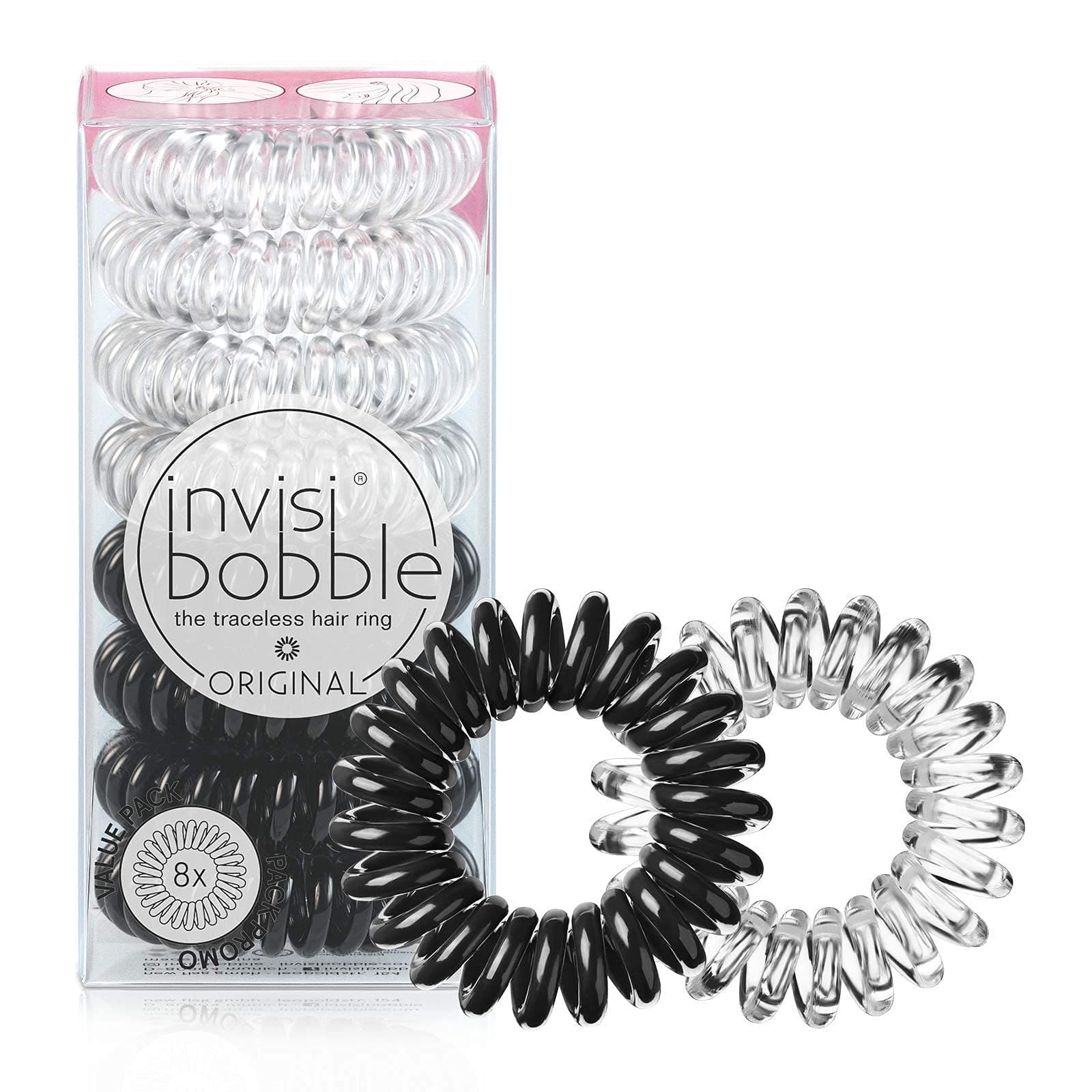invisibobble Original Traceless Spiral Hair Ties - Pack of 8, Crystal Clear and True Black- Strong Elastic Grip Coil Accessories for Women - Non Soaking - Gentle for Girls Teens and Thick Hair
