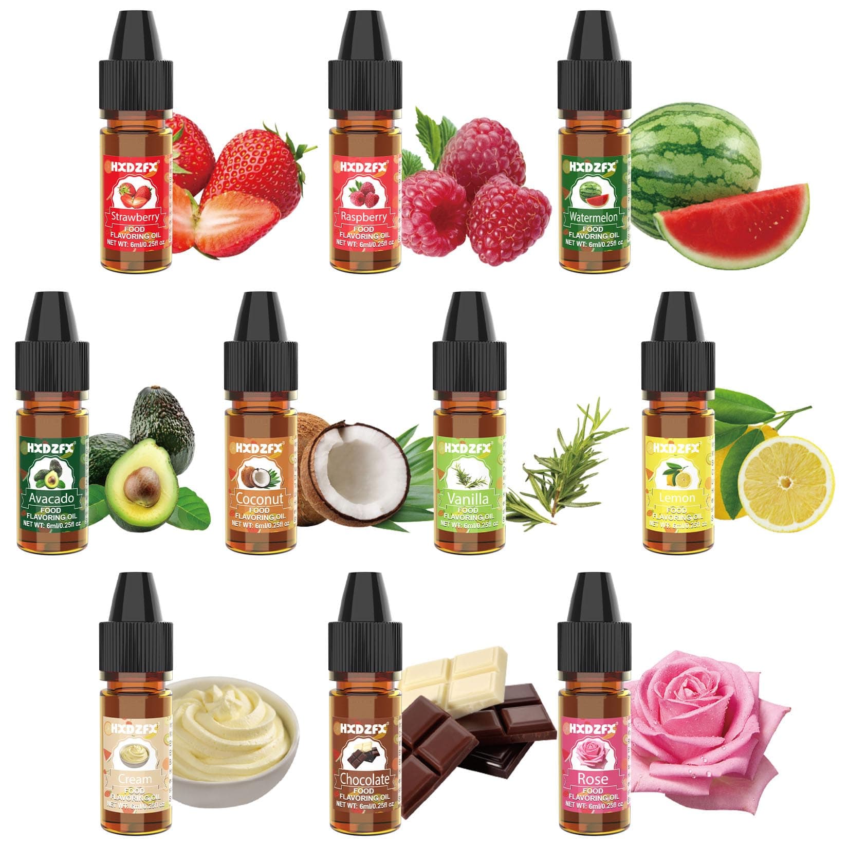 Food Flavoring Oil - 10 Pack Liquid Concentrated Food Flavour Oil for Baking, Cooking - Lip Gloss Flavouring Oil for Lip Balm, Cosmetics, Drink, Soap Making - Water & Oil Soluble - 6ml