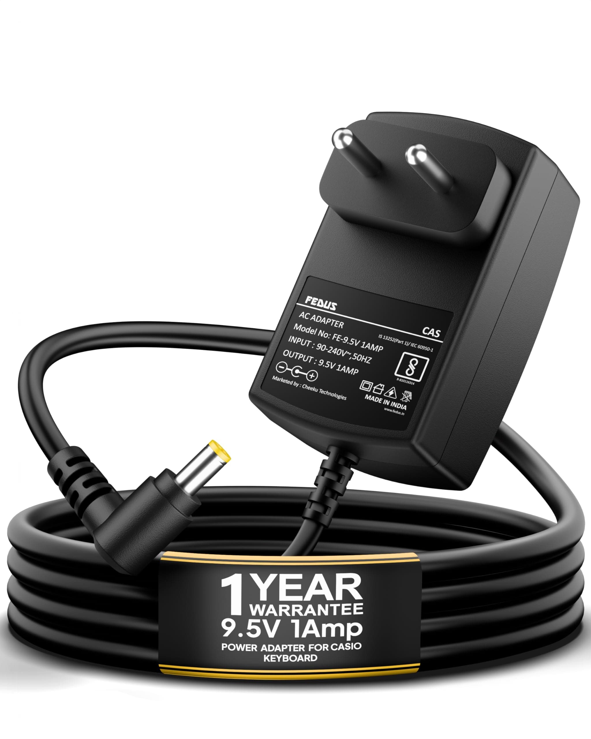 FEDUS ClearTone 9.5V 1A Power Adapter for Casio Piano Electronics Keyboards, Replacement for AD-E95100L, Fits SA-46, SA-47, SA-76, SA-77, CTK-240, CTK-1100, CTK-1150, CTK-1200, 2 meter Extra Long Cord