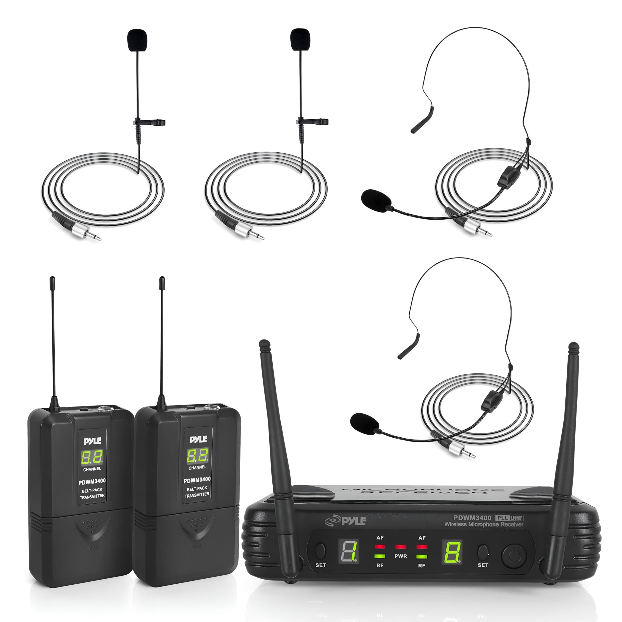 Pyle 2 Channel Wireless Microphone System - Portable UHF Digital Audio Mic Set with 2 Headset, 2 Lavalier lapel, 2 Transmitter, ¼’’ cable, power adapter - For Karaoke, PA, DJ, - PDWM3400,Black