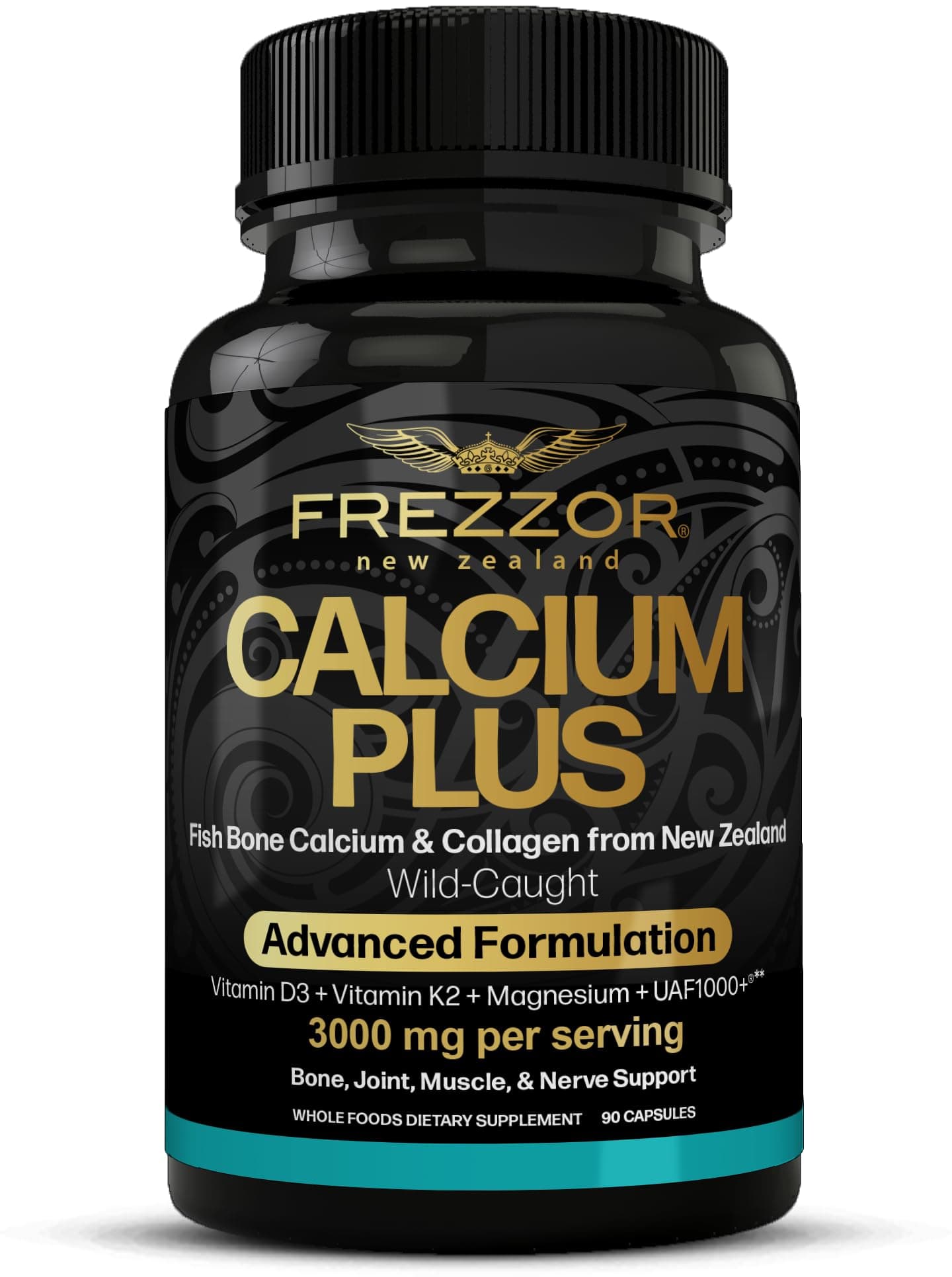 FREZZOR Calcium Plus with UAF1000+, New Zealand Natural Raw Calcium Supplement for Bones, Teeth, Gut Health, & Cardiovascular Support, Phosphorus, Magnesium, Collagen, Selenium, 90 Capsules, 1 Bottle