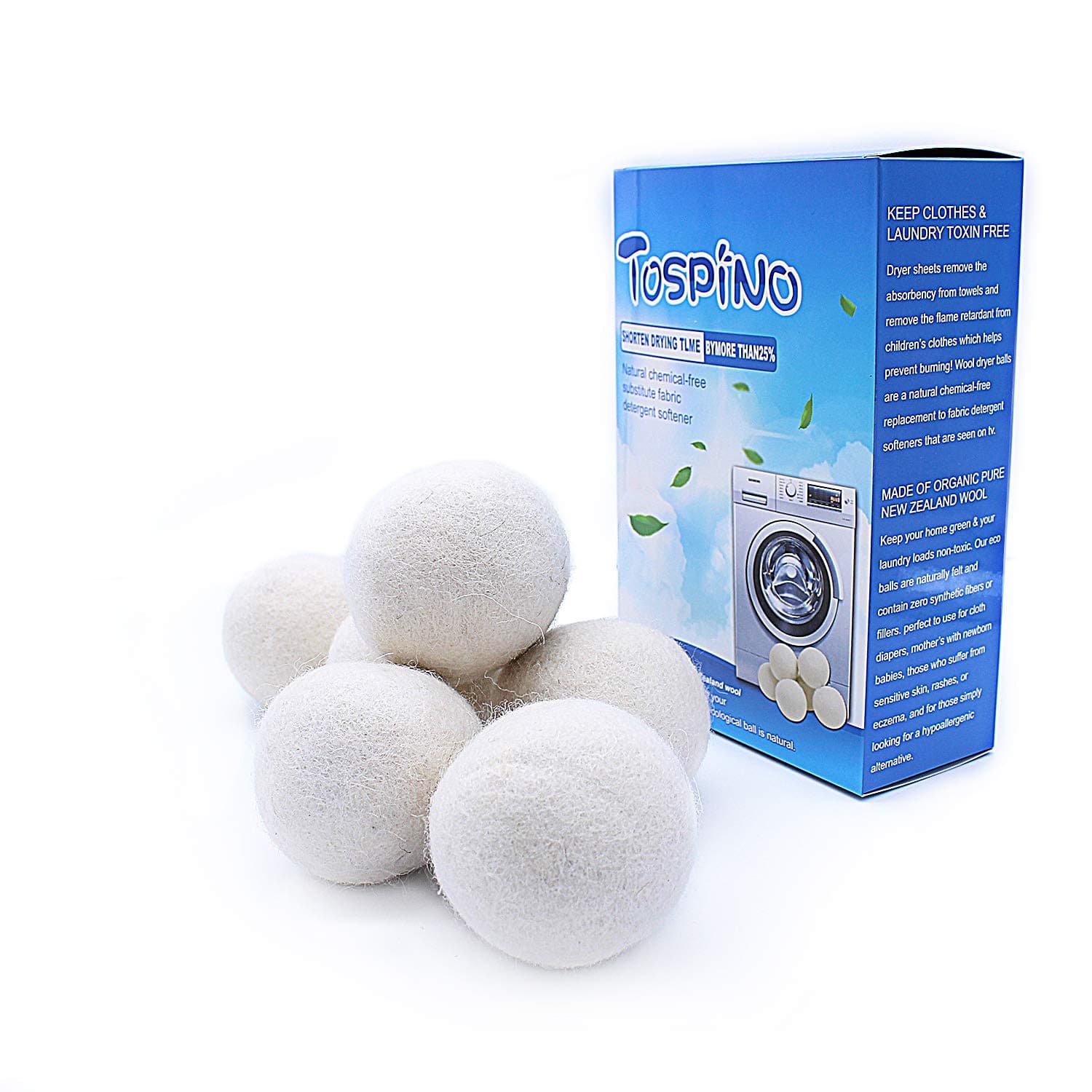 TOSPINO Wool Dryer Balls Reusable Natural Fabric Softener Reduces Clothing Wrinkles and Saves Drying Time(6 Pack)