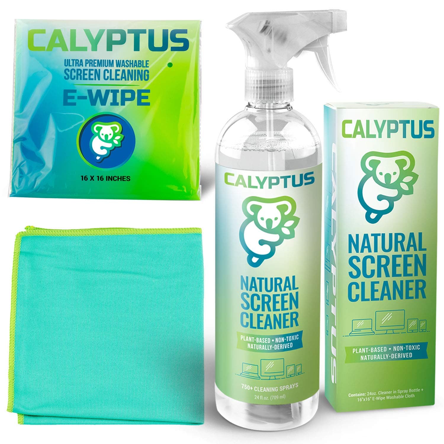 Calyptus Screen Cleaner Kit | Ultra Effective, Streak-Free, Natural, Plant Based | USA Made | Totally Safe for Cleaning Television, Tablet, Laptop | 24 Ounces + Microfiber Cloth