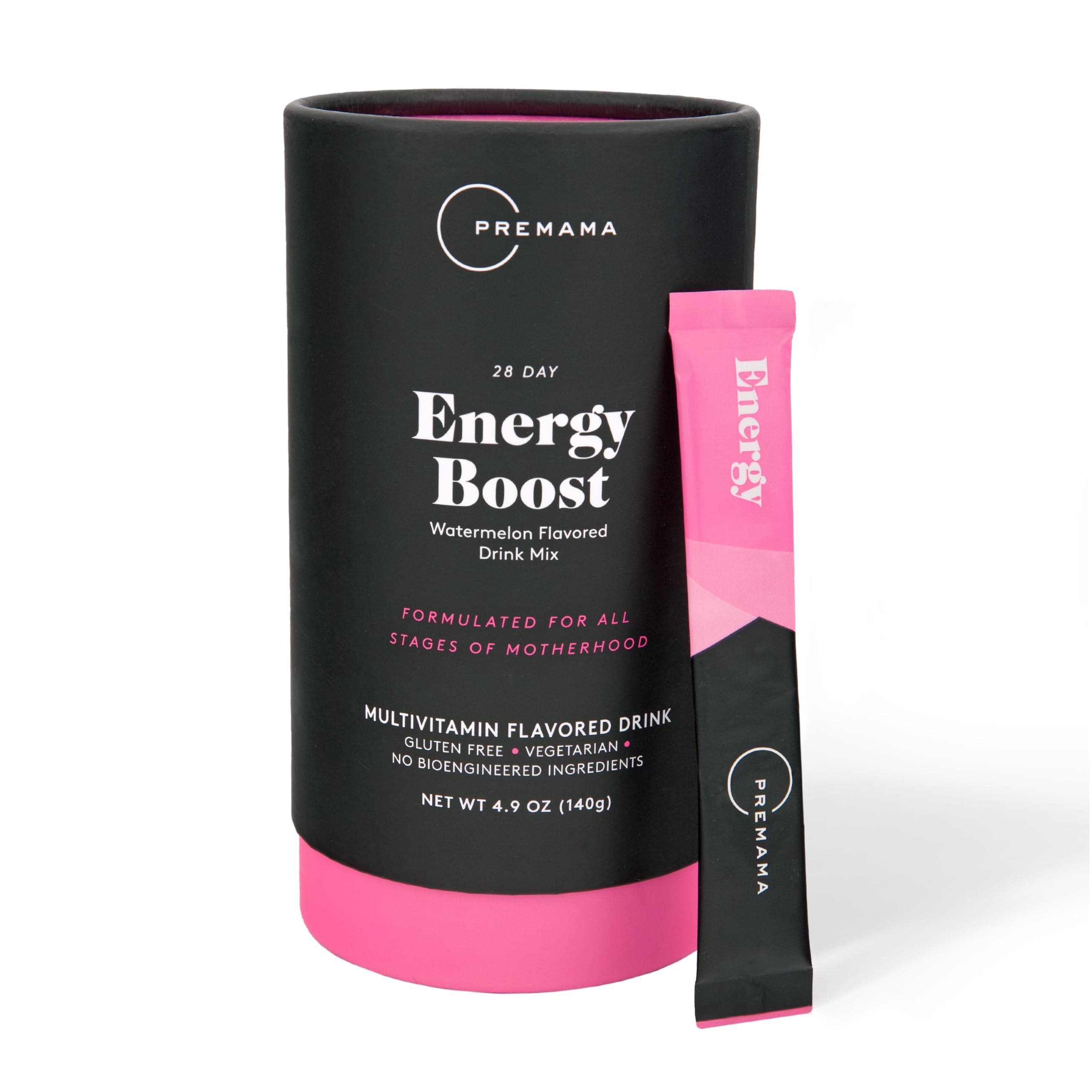 PREMAMA - Prenatal Energy Boost Drink Mix - Gluten-Free, Vegetarian, and Non-GMO - Watermelon Flavor - 28 Servings