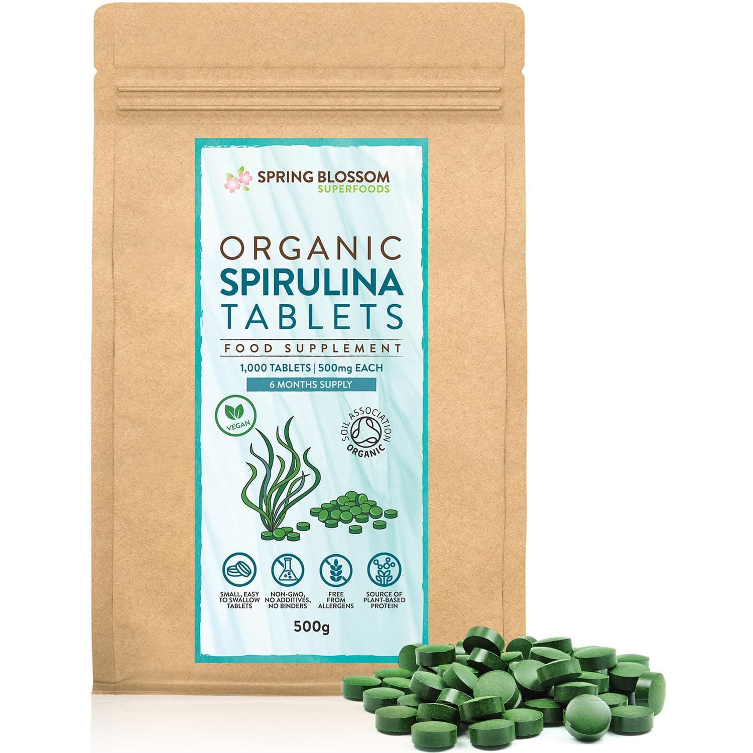 500G Organic SPIRULINA Tablets [1000 x 500mg] Natural Dietary Food Supplement, Premium Quality, Non-GMO Vegan Detox Superfood Rich in Protein, Vitamins, Amino Acids, Iron - Soil Association Certified