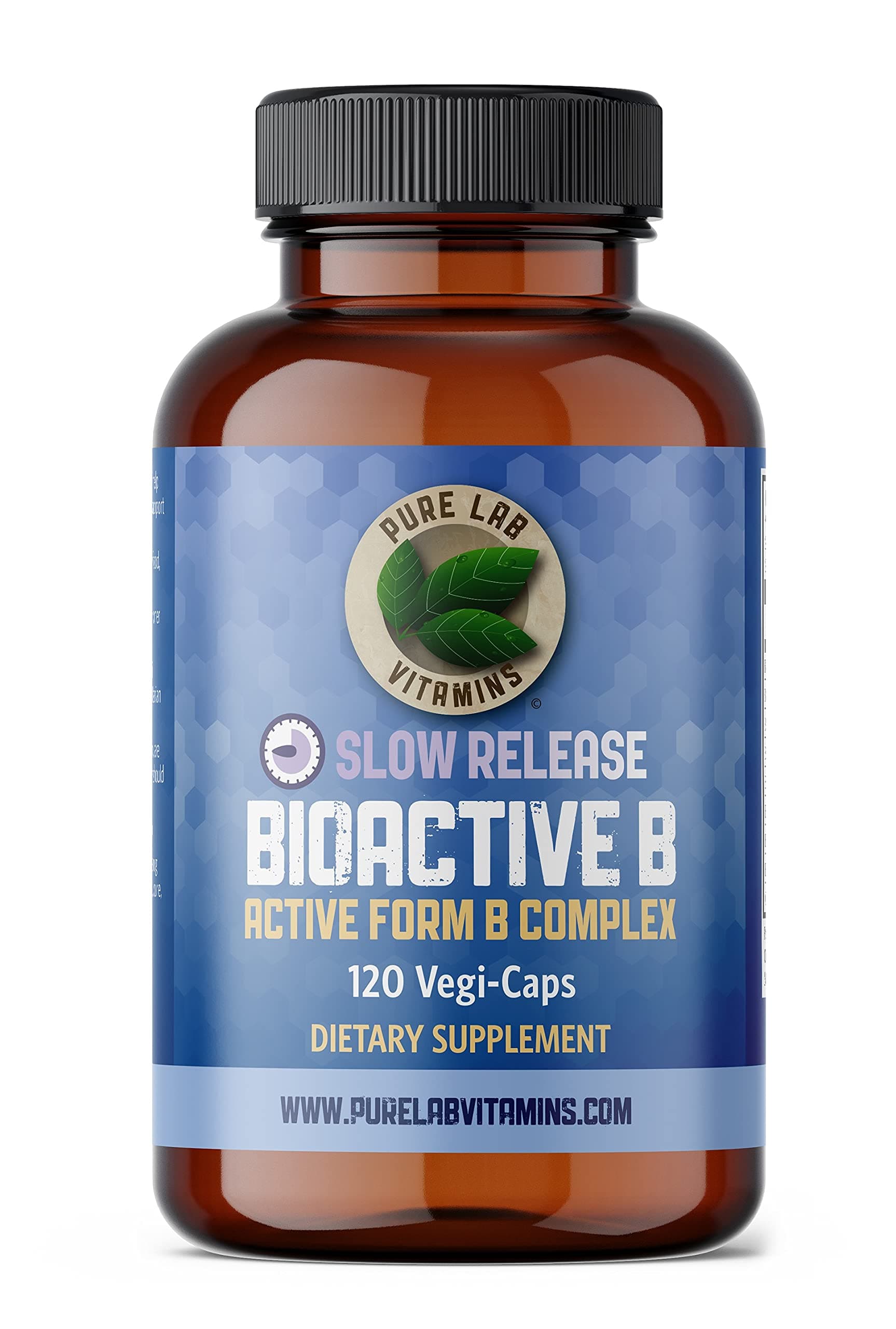 Bioactive B Complex - 120 Vegan Caps Slow Release Formula (B1, B2, B3, B5, B6, B7, B9, B12) - 60 Days Supply, Gluten & Sugar Free Made in Canada