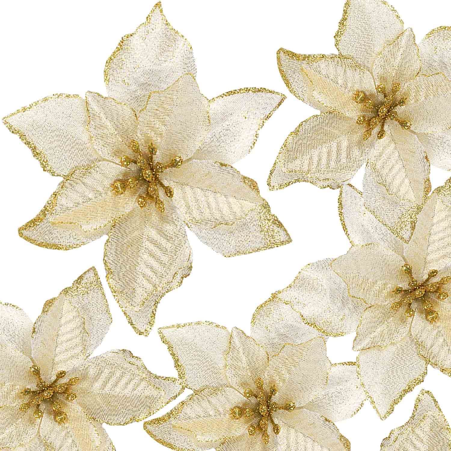 ZDNT 12 Pieces Glitter Christmas Flowers Artificial,Glitter Christmas Tree Ornaments,Artificial Christmas Flowers,Glitter Artificial Poinsettia Christmas Tree for Xmas Wedding Party Decor(Gold)