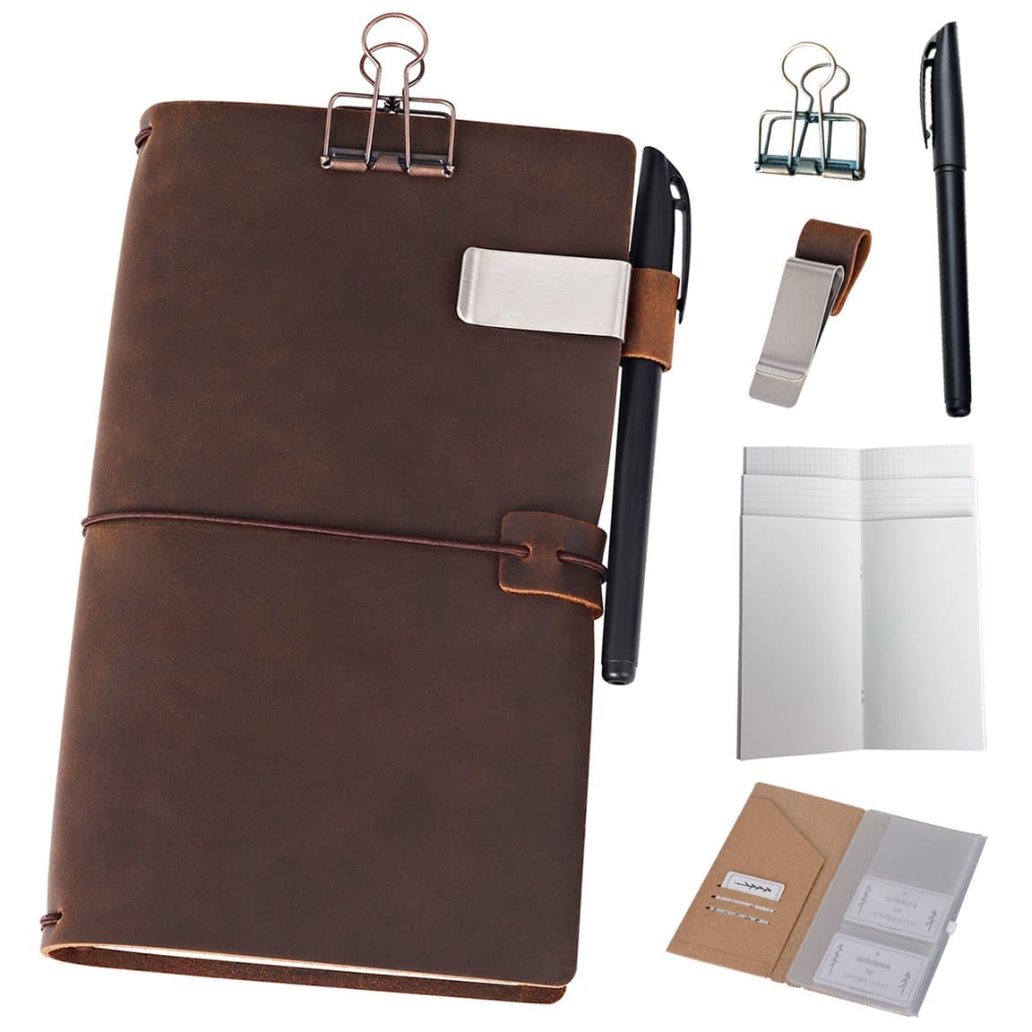 Refillable Leather Journal Travelers Notebook - 8.5 x 4.5 Travel Diary with 5 Inserts + Pen Holder and Binder Clip, Standard Size, Brown