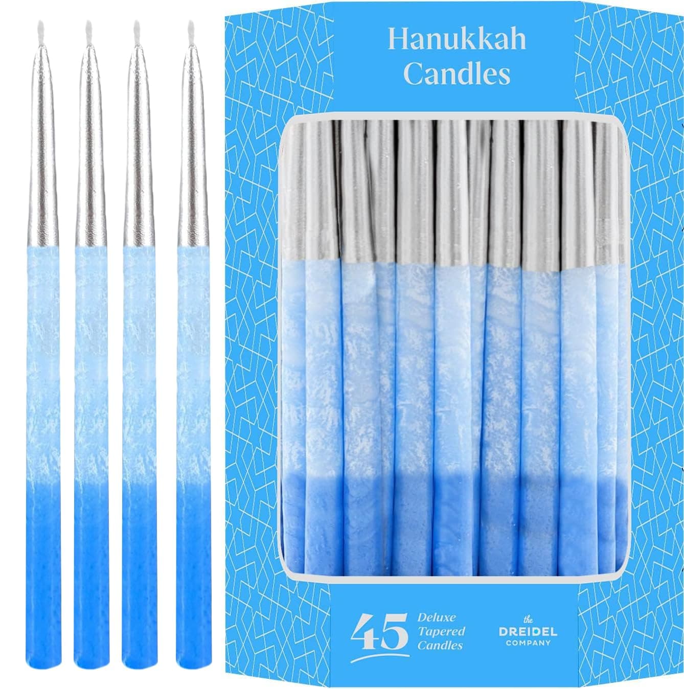 The Dreidel CompanyMetallic Hanukkah Candles Frosted Premium Tapered Hand Decorated Chanuka Candles (Metallic Silver w/Blue Frost)