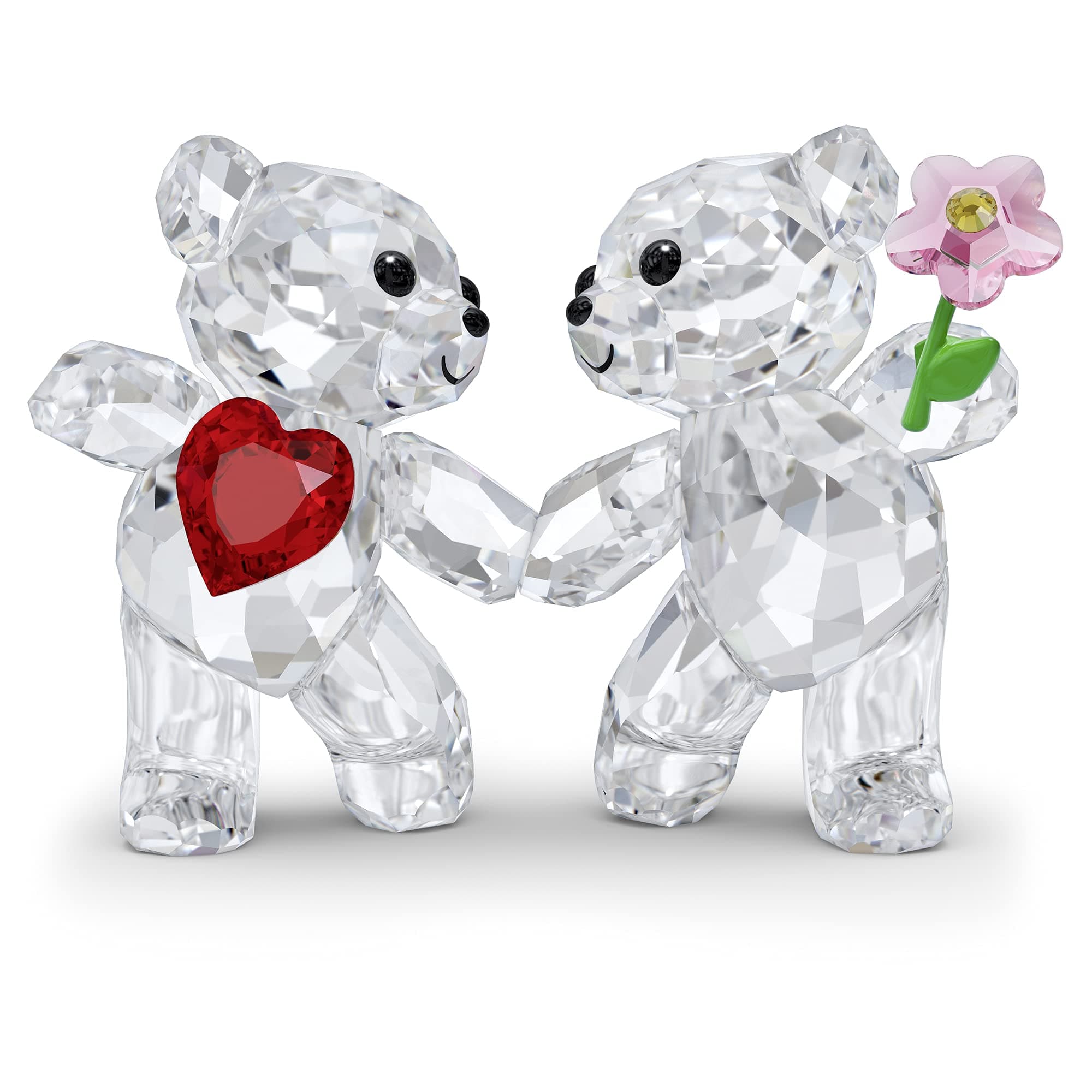 Kris Bears Happy Together Figurine Set, Clear Crystal with a Red Heart and Pink Flower Accent, Part of the Kris Bears Collection