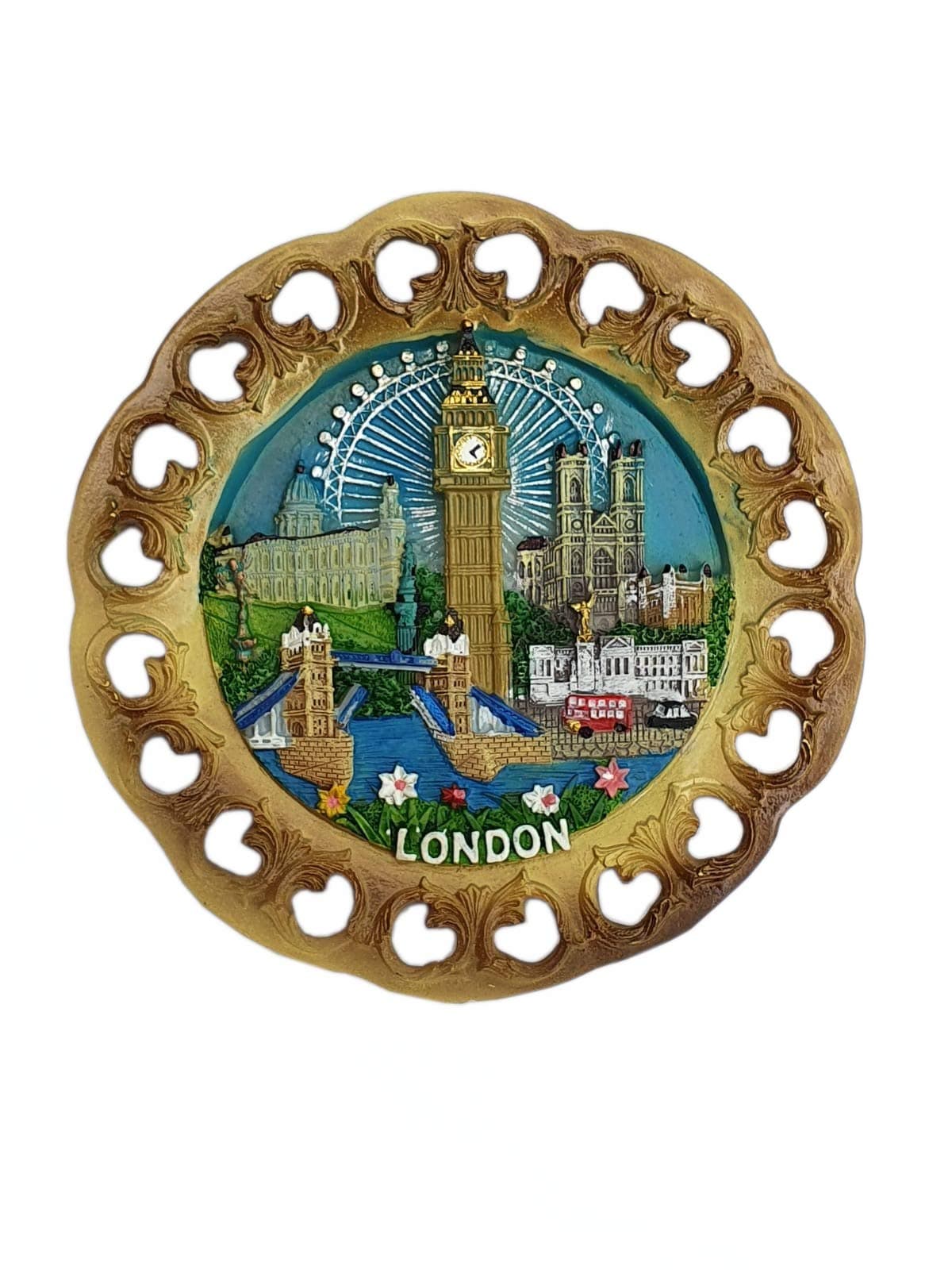 Wood Style Decorative Plate Detailing London Skyline: Big Ben, Tower Bridge and London Eye etc ( Small Cutout)