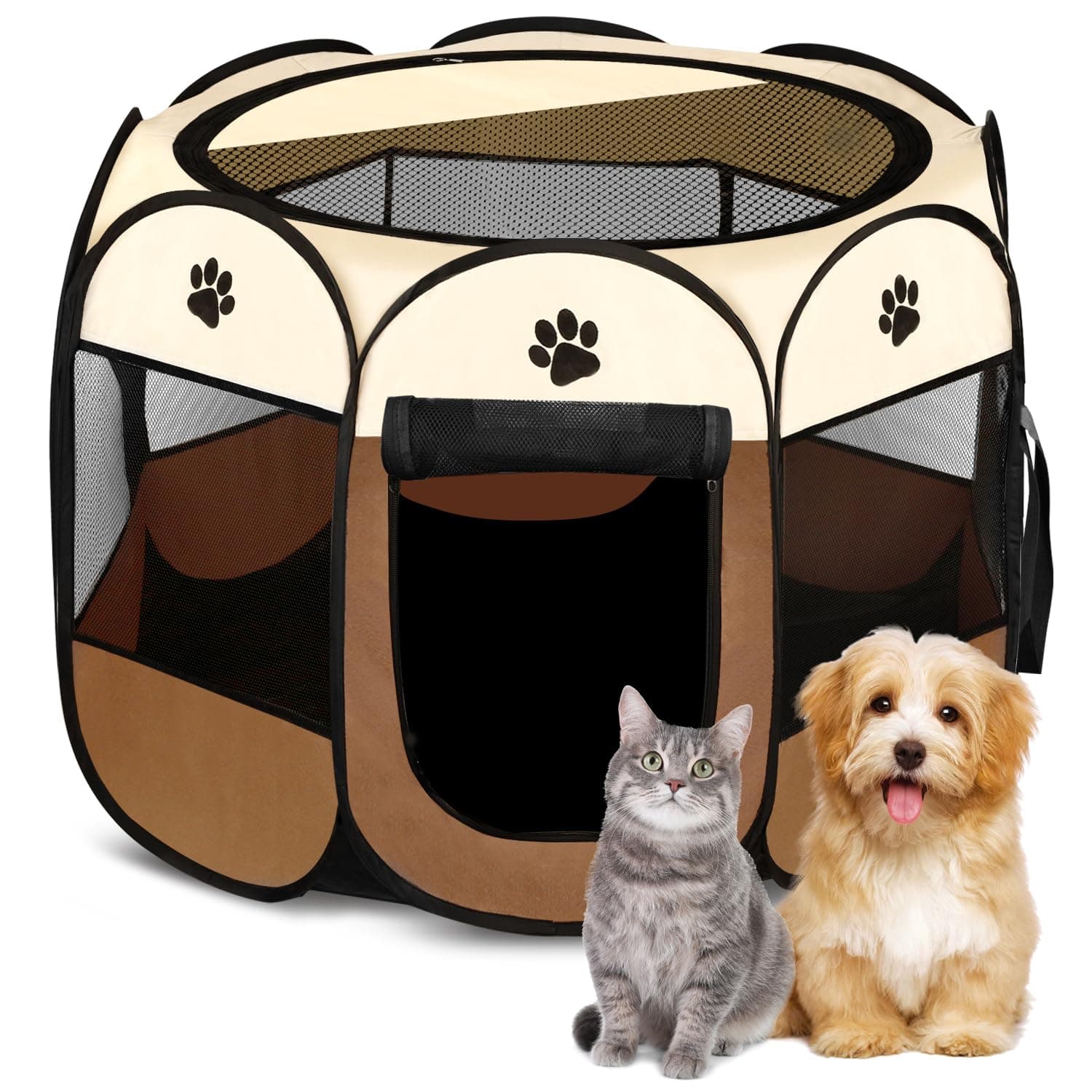 Pet Dog Puppy Playpen Dog Cat Tent Crates, Foldable Exercise Kennel Portable Playpen for Small Medium Dogs/Cats/Rabbits, Indoor Outdoor Travel Camping Use with Removable Zipper Top Brown