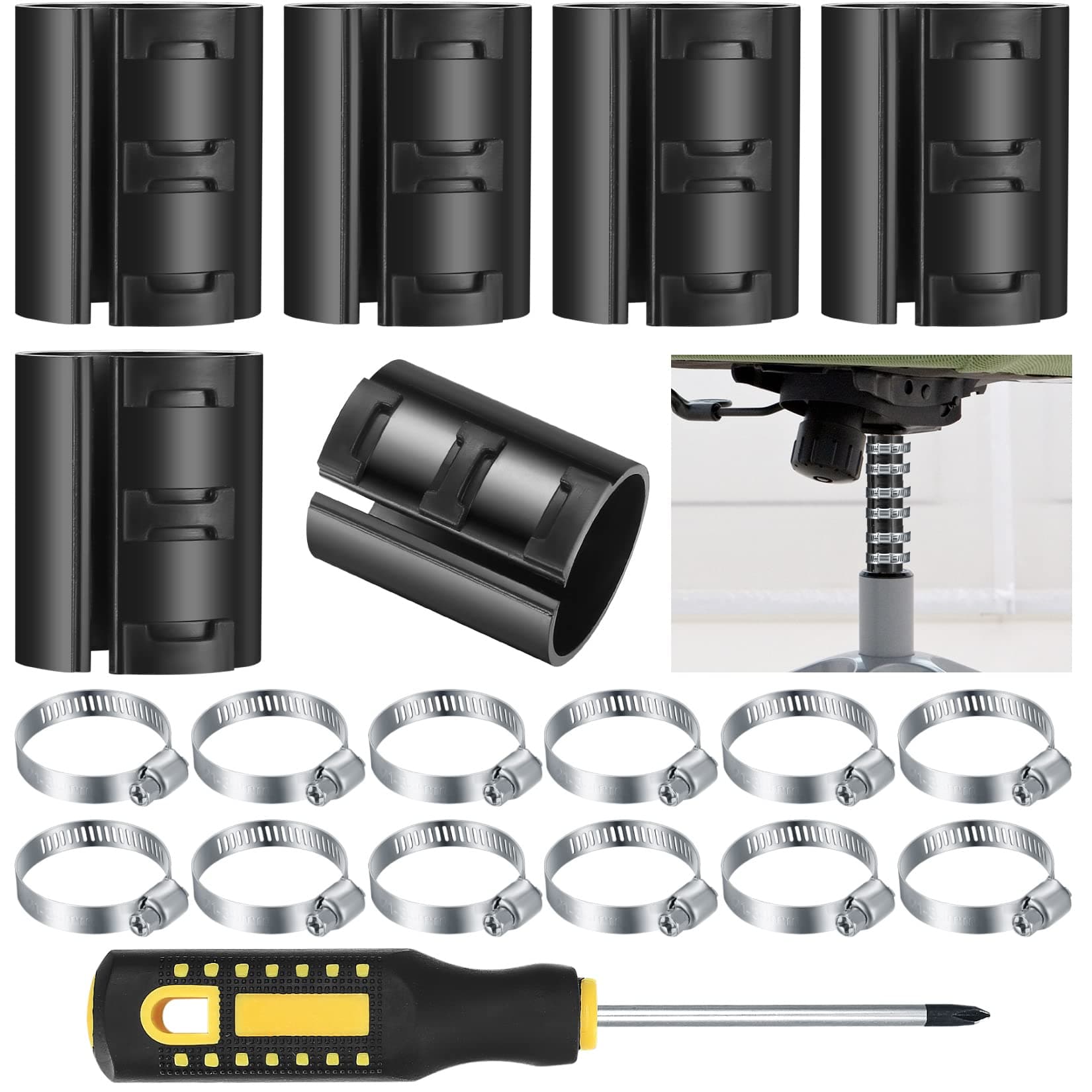 19 Pcs Fixing a Sinking Office Chair Cylinder Alternatives Gas Lift Tools Kits, Office Chair Saver for Stop Sinking, with Hose Clamps, Dual-Purpose Screwdriver