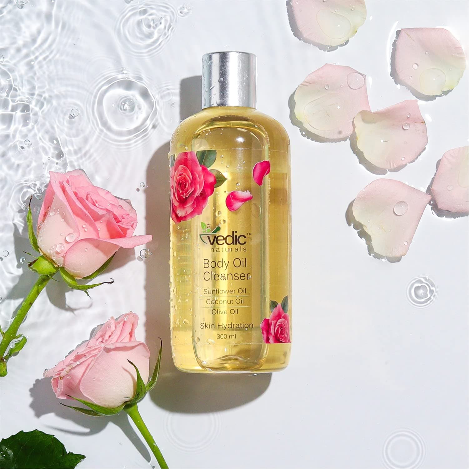 Vedic Naturals 80% Oil Based Natural & 100% Organic Body Oil Cleanser Shower Oil (Body Wash) - Skin Hydration, Soft & Smooth Skin With Sunflower Oil, Coconut Oil, Olive Oil, Almond Oil -300ml