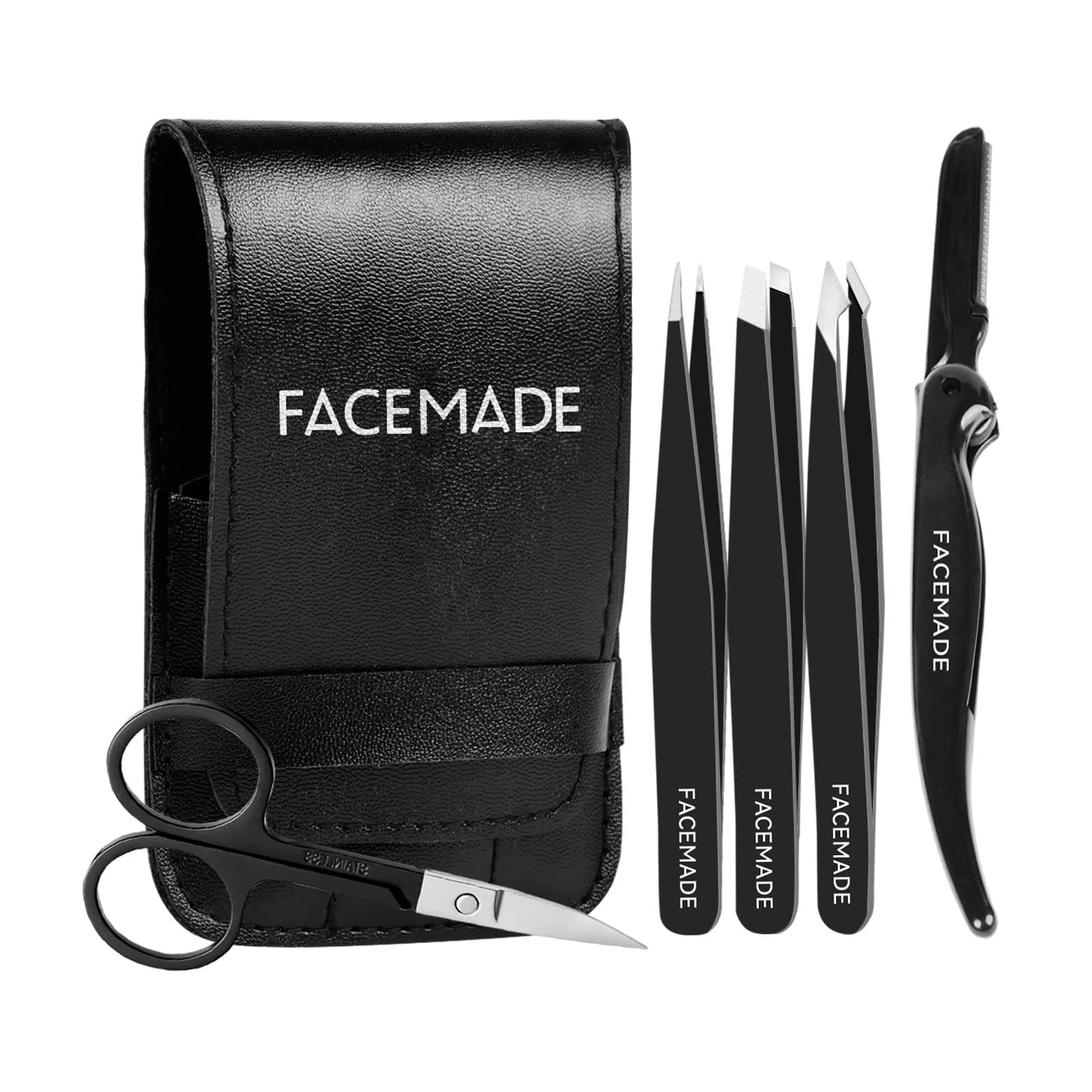 FACEMADE Tweezers Set with Scissor, Eyebrow Tweezers for Women and Men, Professional Stainless Steel Tweezers with Travel Case for Facial Hair, Splinter and Ingrown Hair Removal (Black)