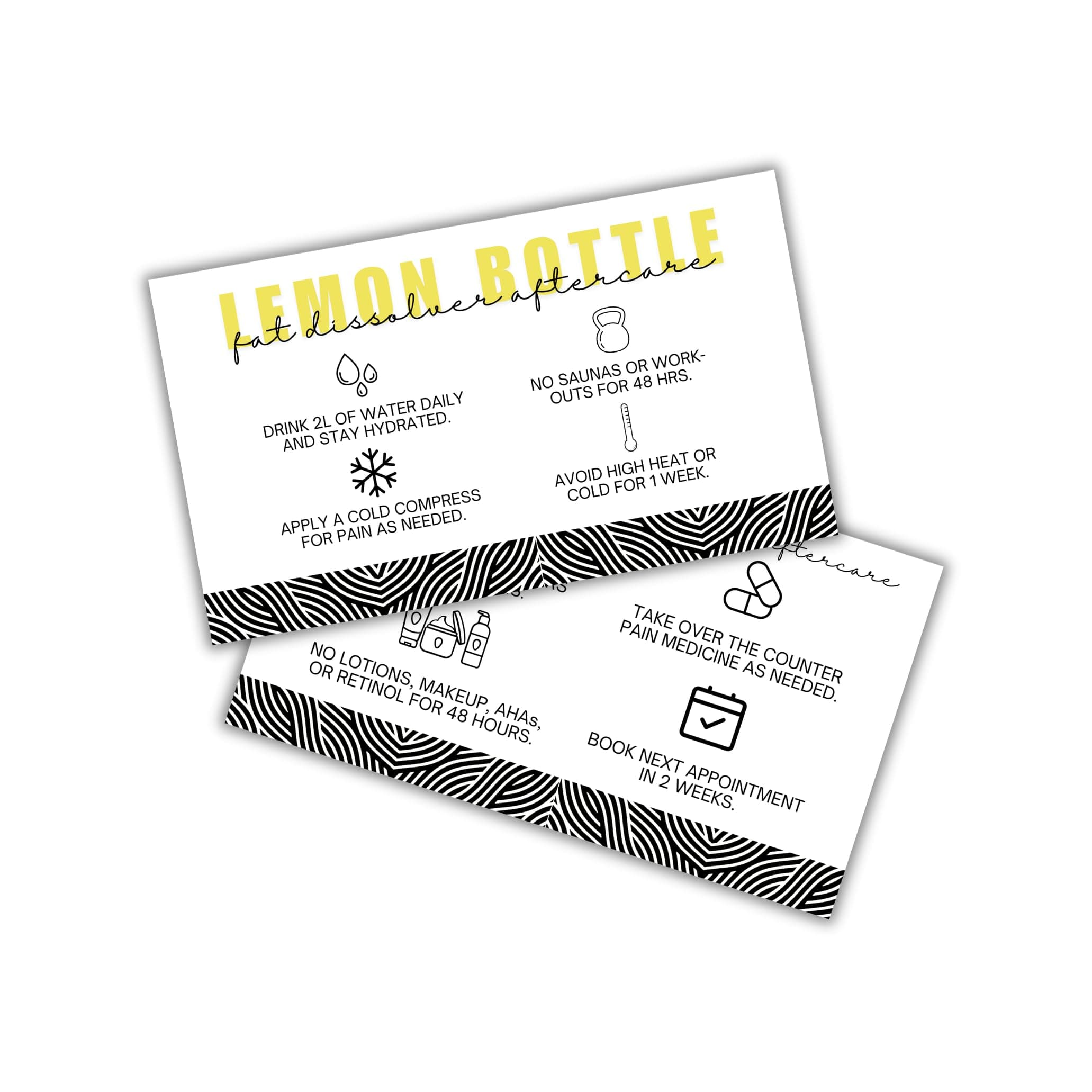 Lemon Bottle Fat Dissolver Aftercare Instruction Cards | 50 pk 2x3.5” Liquid Lipo Facial Consent Injection Card Clients Wallet Post Pre Treatment