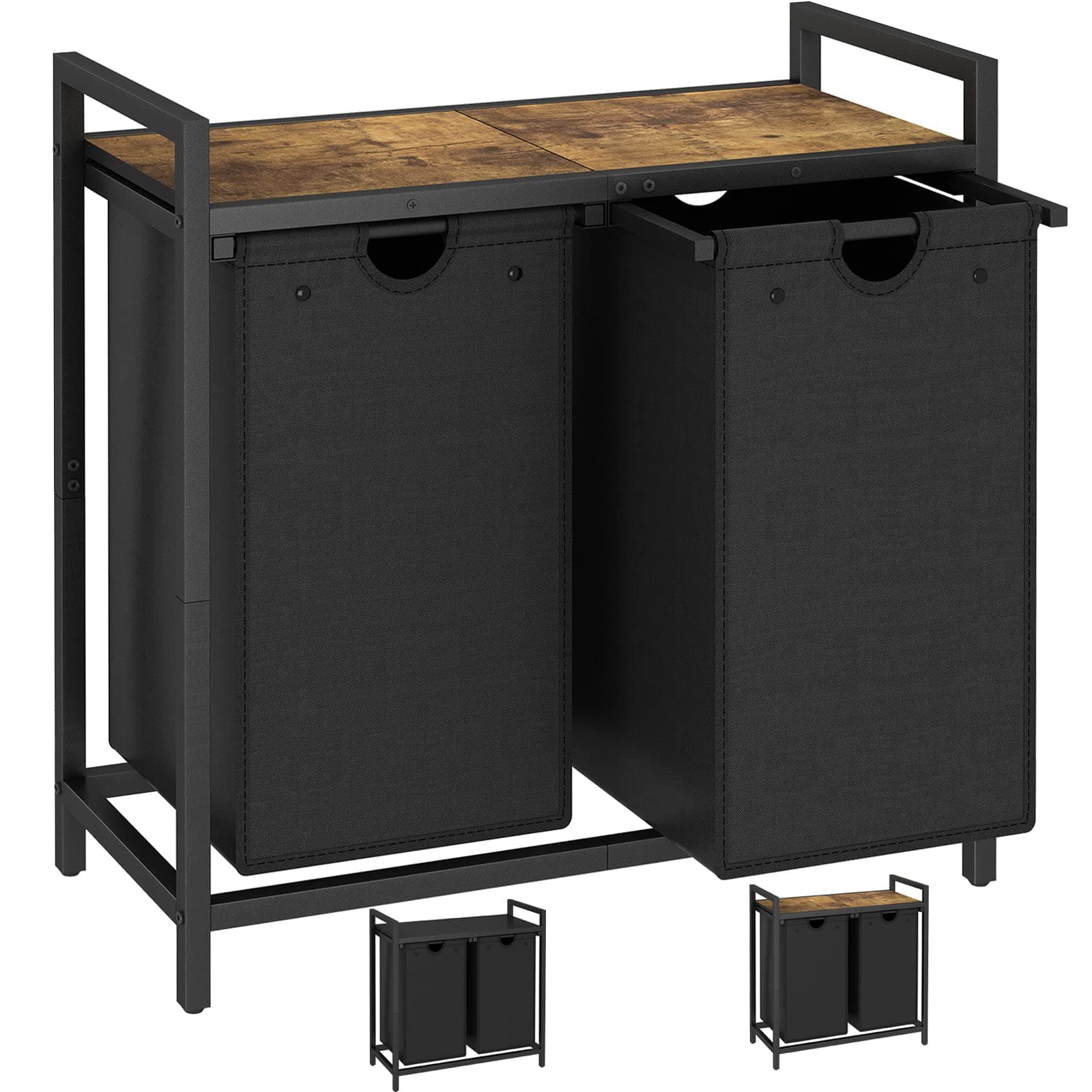 Laundry Hamper, Laundry Basket with Removable Bag (Rustic Brown+Black Double Basket)
