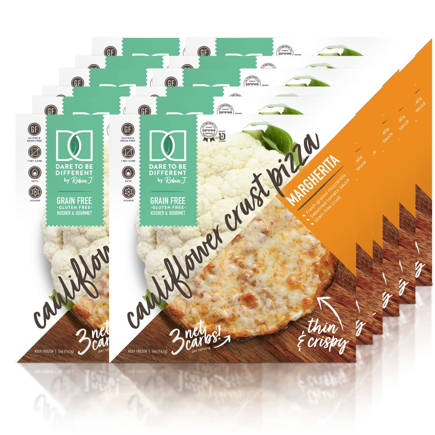 Dare to Be Different Frozen Cauliflower Crust Margherita Pizza | Gluten Free Grain Free Low Carb | Slim, Thin, and Crispy Plant Based | Kosher | Perfect Pizzas for Keto and Paleo Diet | 12-Pack