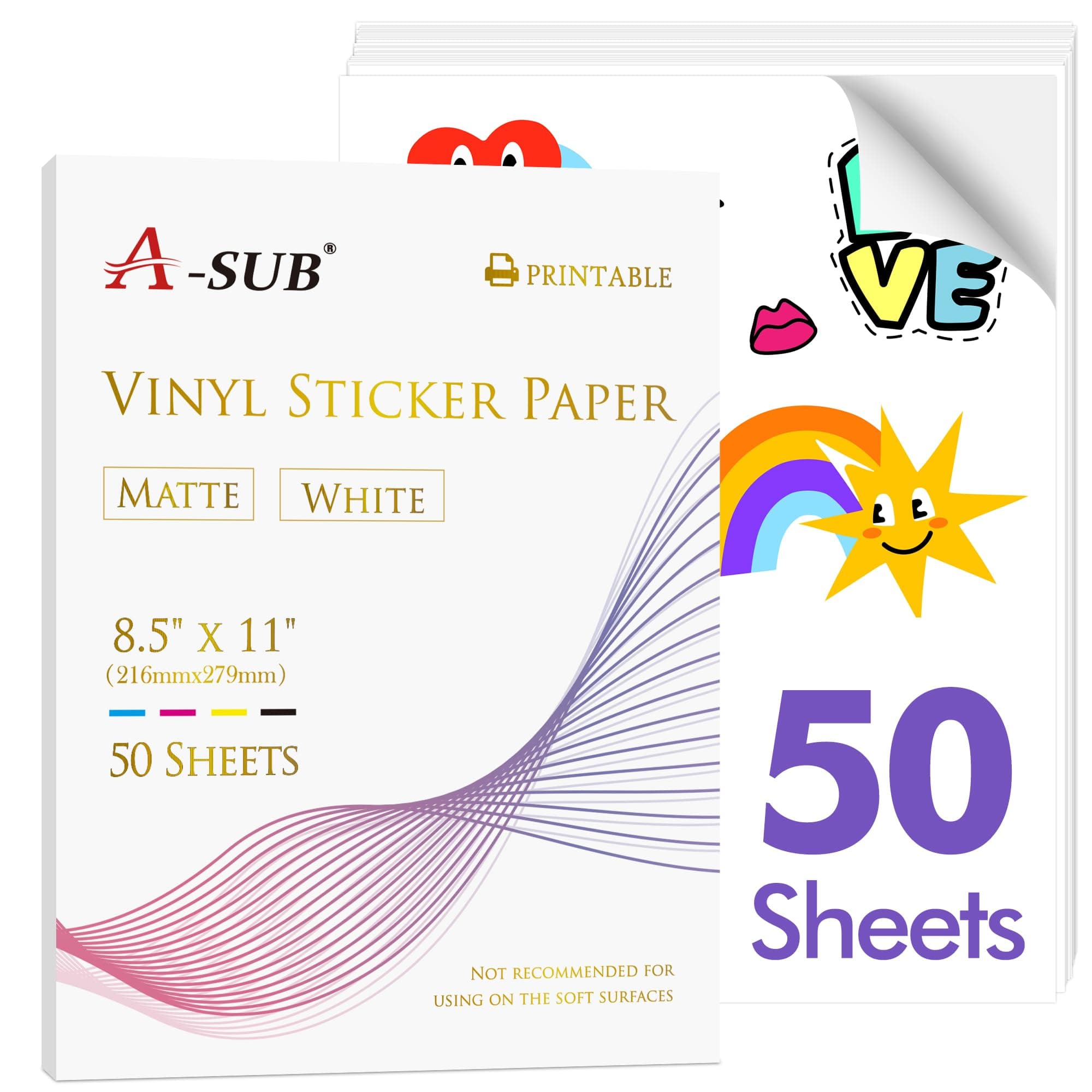 A-SUB Premium Printable Vinyl Sticker Paper for Inkjet Printers, 50 Sheets Matte White Waterproof Sticker Paper 8.5x11 Inch for Making Your Own Stickers at Home