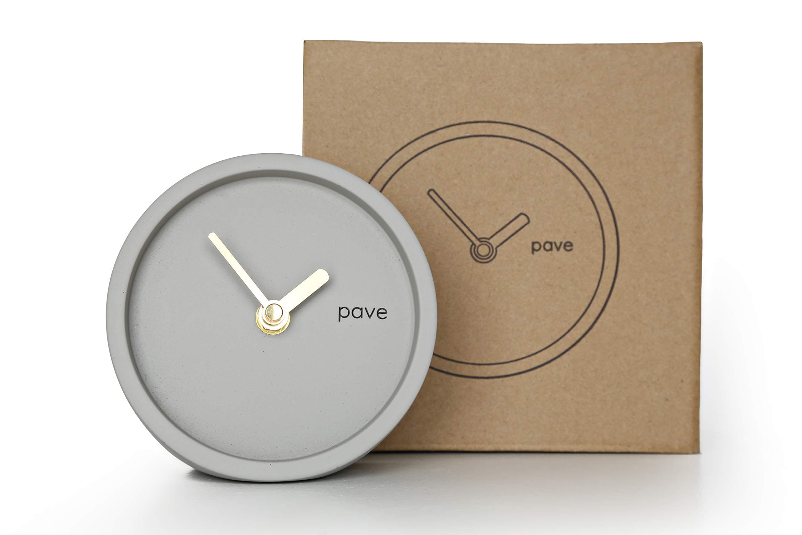 Desk Clock, Table Clock, Modern Minimal Clocks by Pave, Cement Concrete Clock Grey, Mantle Clocks Scandinavian Mantel Wall Clock, Vintage Bedside Kitchen, Industrial Silent Quartz, Gold Gray