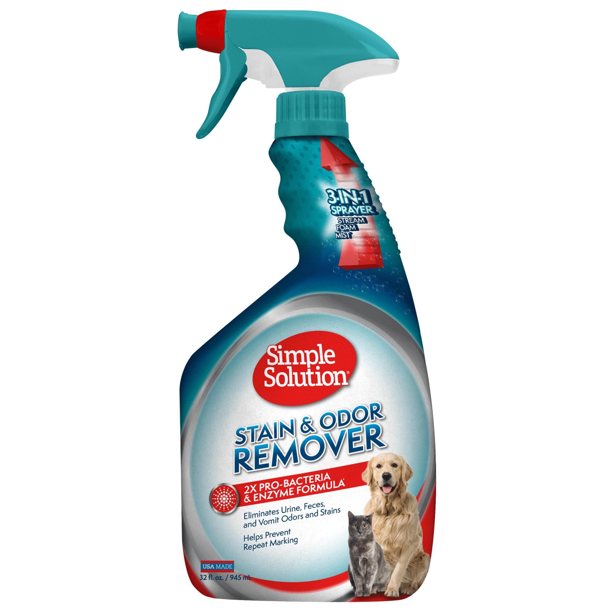 Simple Solution All-Purpose Stain Remover Deodorizer Spray for Dogs and Cats | Large Capacity 32 fl oz (945 ml)