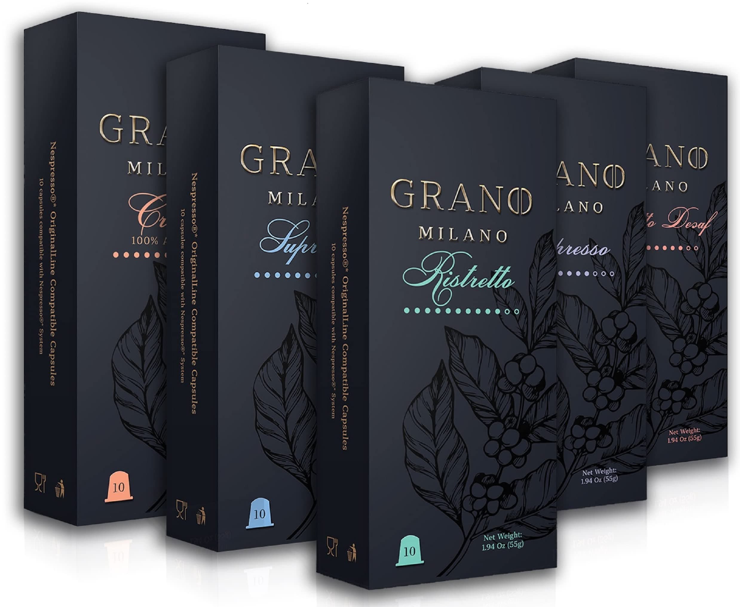 Grano Milano Coffee Capsules (50 variety with decaf, 50 Count)