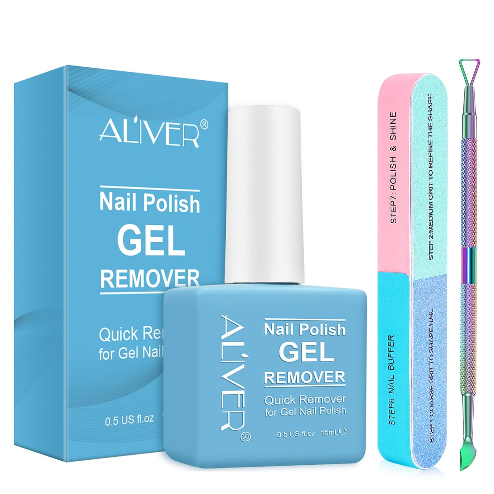 Gel Nail Polish Remover Kit, Gel Polish Remover with Metal Polishes Scraper and Nail File Buffer, Easily Removes Gels Polishes in 2-5 Minute