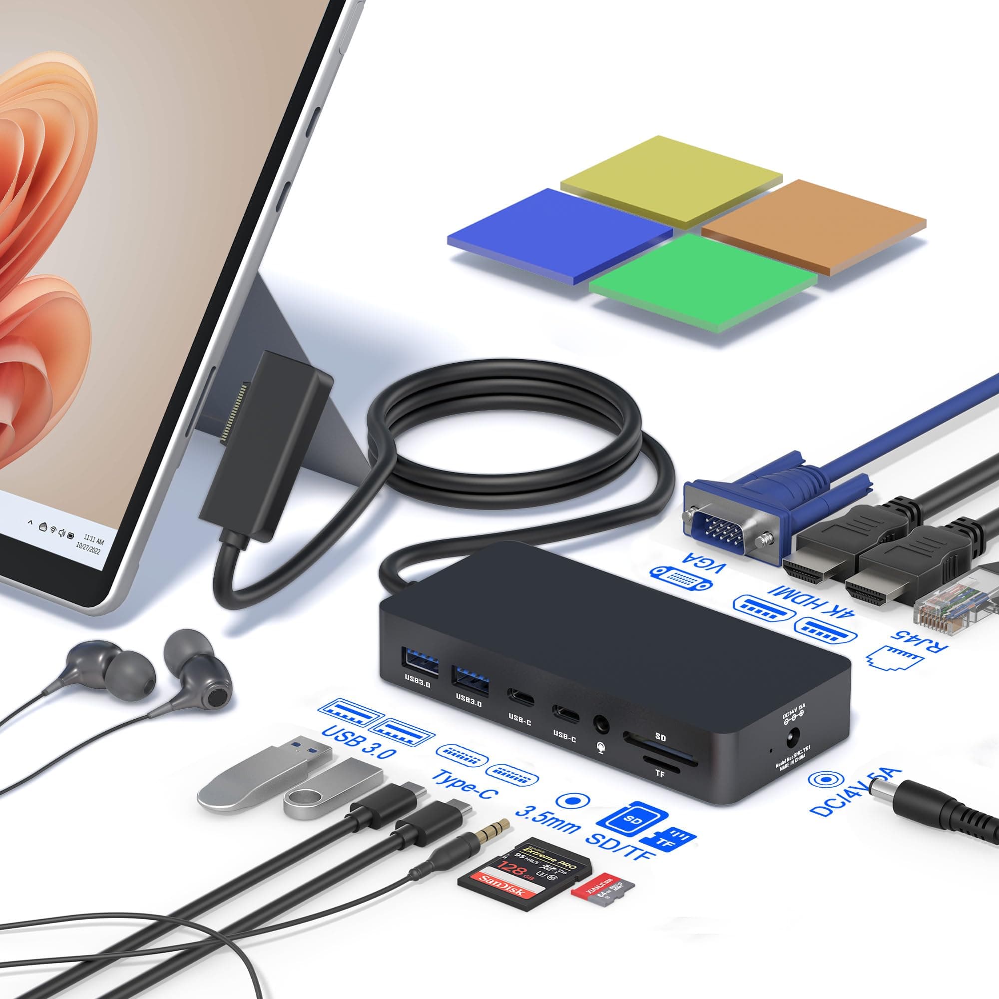 Microsoft Surface Dock, 12-in-1 Triple Display (2 HDMI 4K+VGA) Surface Dock, for Surface Pro 11/10/9/8/X/7/6/5/4/3, Surface Book 3/2/1, Surface Laptop go/7/6/5/4/3/2/1